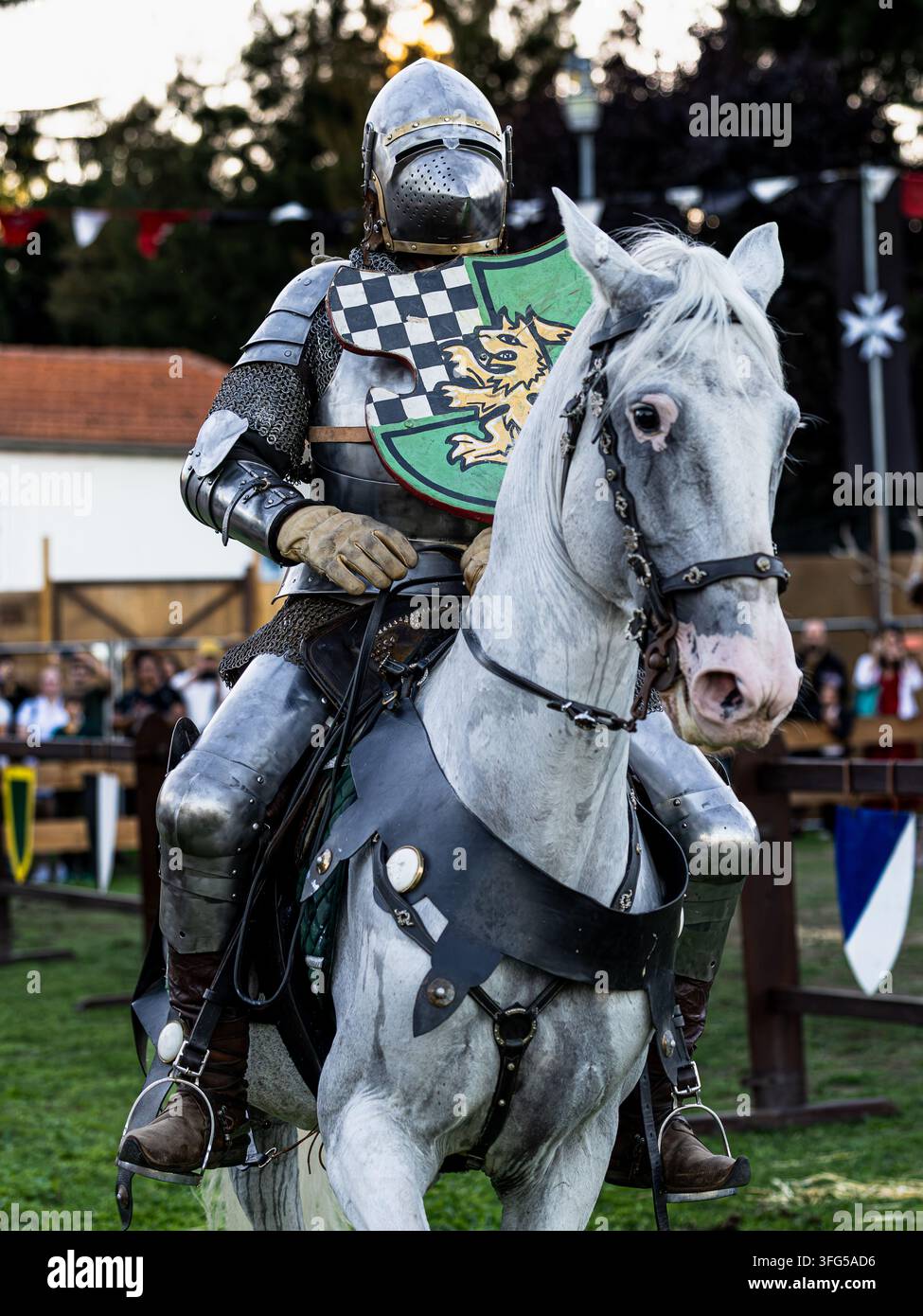 Un chevalier en armure porte un bouclier héraldique monté sur un cheval blanc lors d'un tournoi médiéval. Banque D'Images
