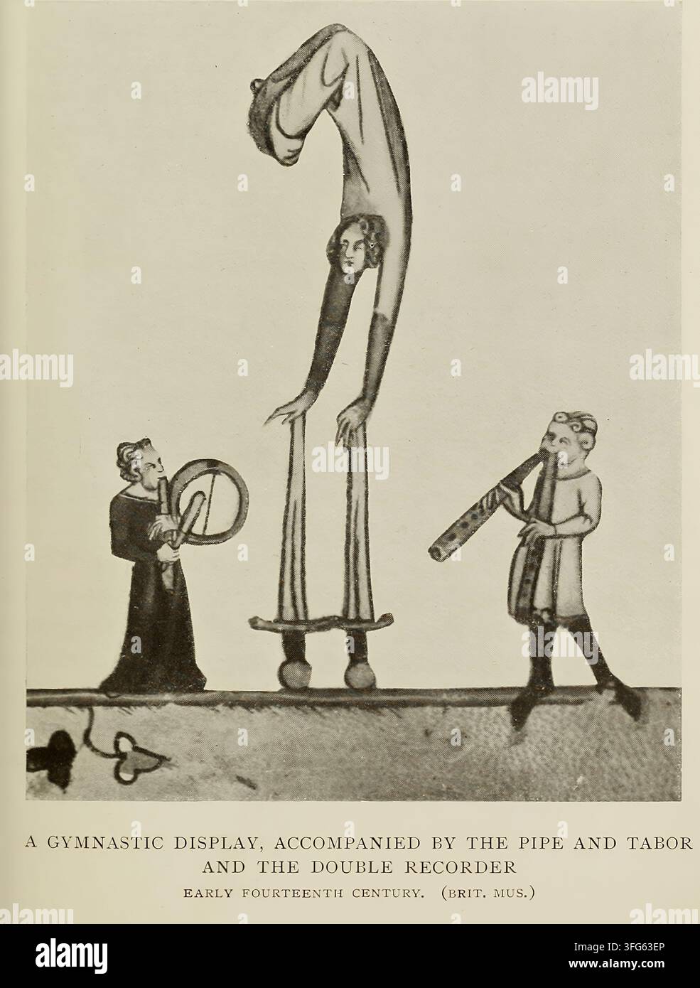 Illustration historique titrée « Un spectacle gymnique, accompagné de la pipe et du tambourin et de la flûte double », représentant un artiste en équilibre sur des échasses tandis que des musiciens jouent de la pipe et du tambourin et de la flûte double. Identifié dans la légende imprimée comme datant du début du XIVe siècle et associé au British Museum. Banque D'Images