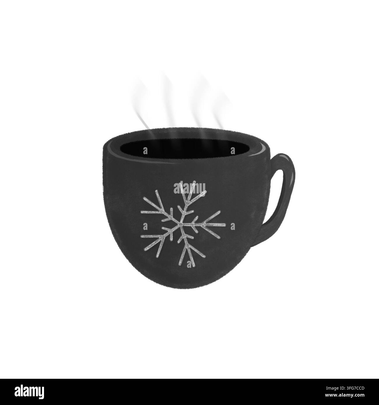 Illustration d'une tasse à café noire décorée d'une flocon de neige et de vapeur chaude isolée sur fond blanc Banque D'Images