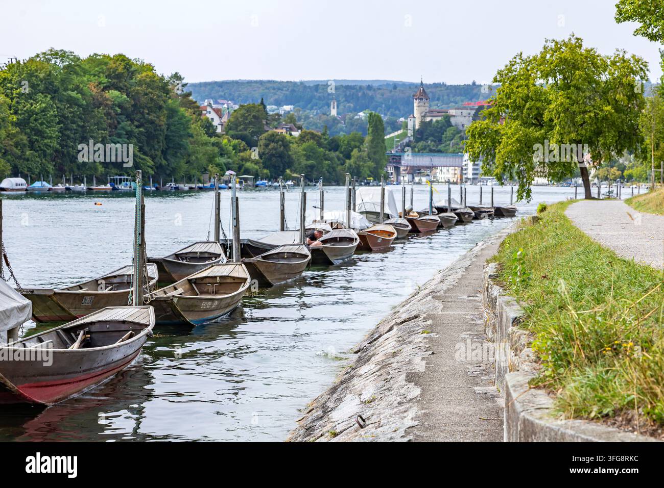 Vue sur le Rhin près de Schaffhausen. Des bateaux sont amarrés sur la rive. Les bateaux plats typiques de Schaffhausen sur le Rhin s'appellent Weidlinge. Sch Banque D'Images