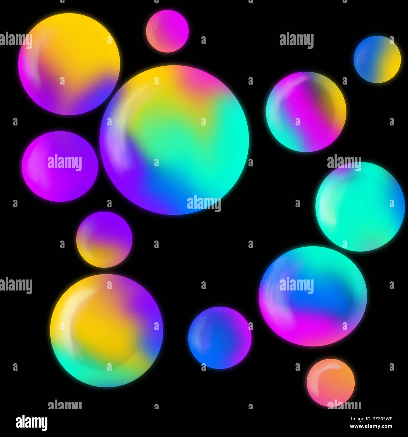 Motif abstrait avec des sphères 3D holographiques néon lumineuses et des bulles colorées sur fond noir. Impression futuriste moderne pour couverture et web. Banque D'Images