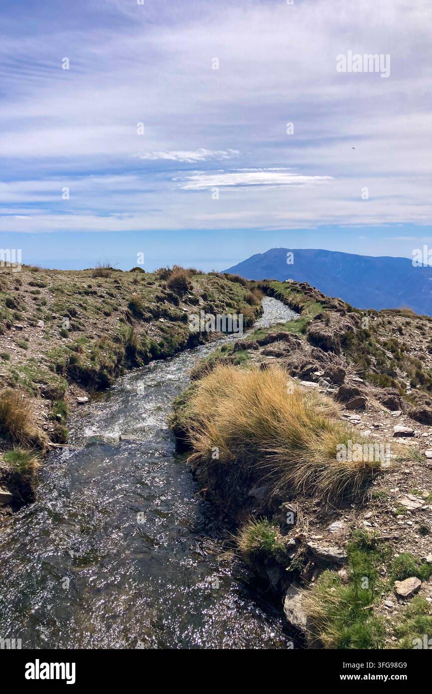 Un ruisseau de printemps clair traverse un paysage alpin avec des sommets enneigés des montagnes de la Sierra Nevada et une prairie de vallée luxuriante en Espagne - Image de stock capturée avec un smartphone