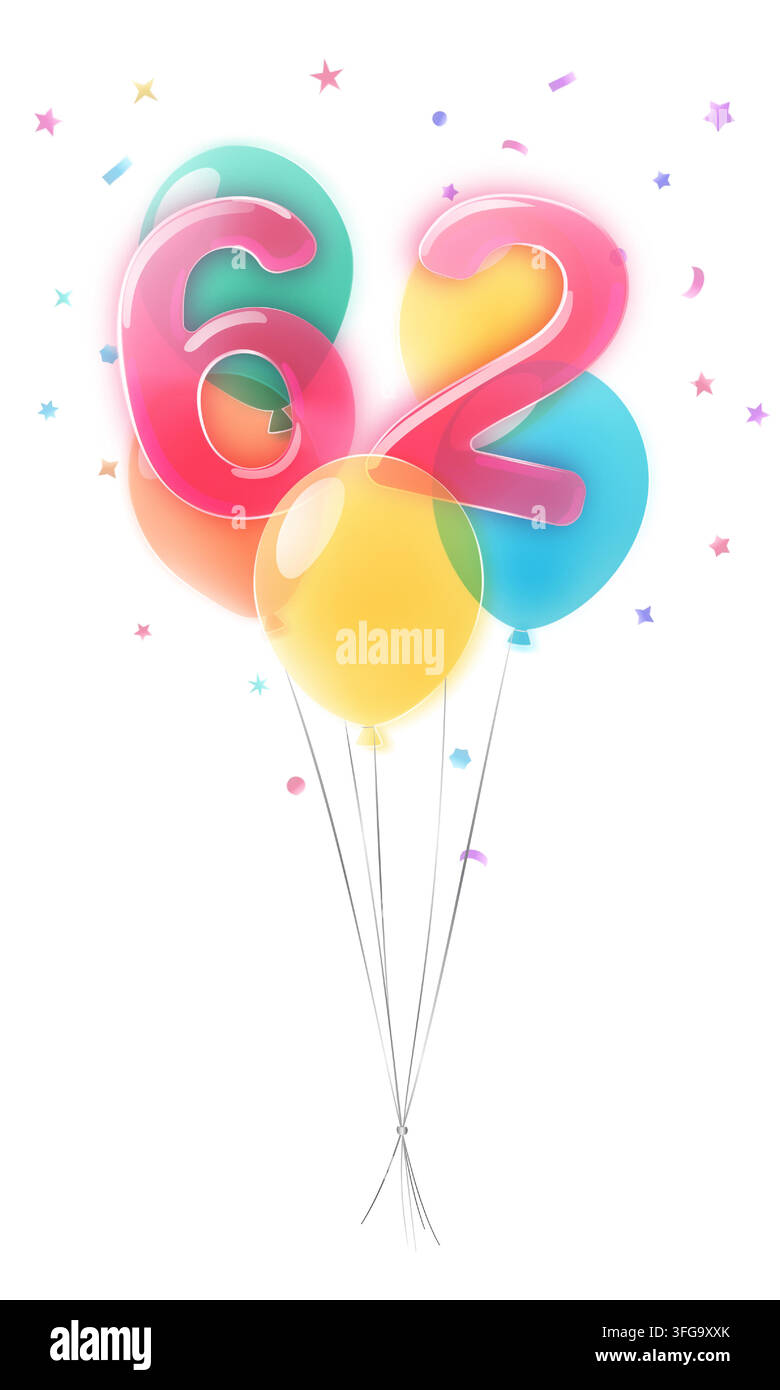Illustration vibrante pour un 62e anniversaire mettant en scène des ballons en glassmorphisme translucides et brillants formant le chiffre en rose, bleu-vert et bleu, entourés de couleurf Illustration de Vecteur