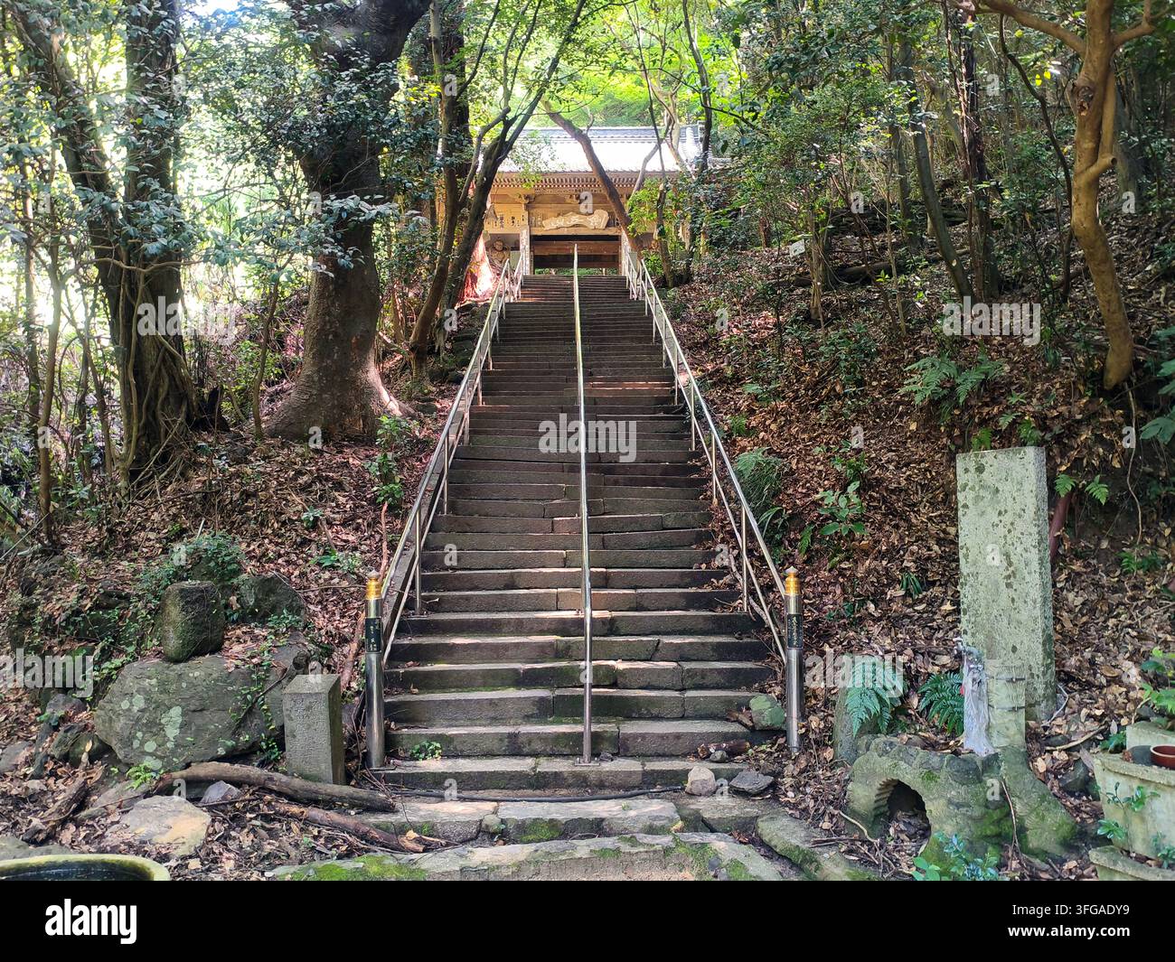 Une perspective en contre-plongée montre un escalier en pierre escarpé équipé de mains courantes en métal menant à travers un sol forestier ombragé et des marqueurs en pierre jusqu'au t Banque D'Images