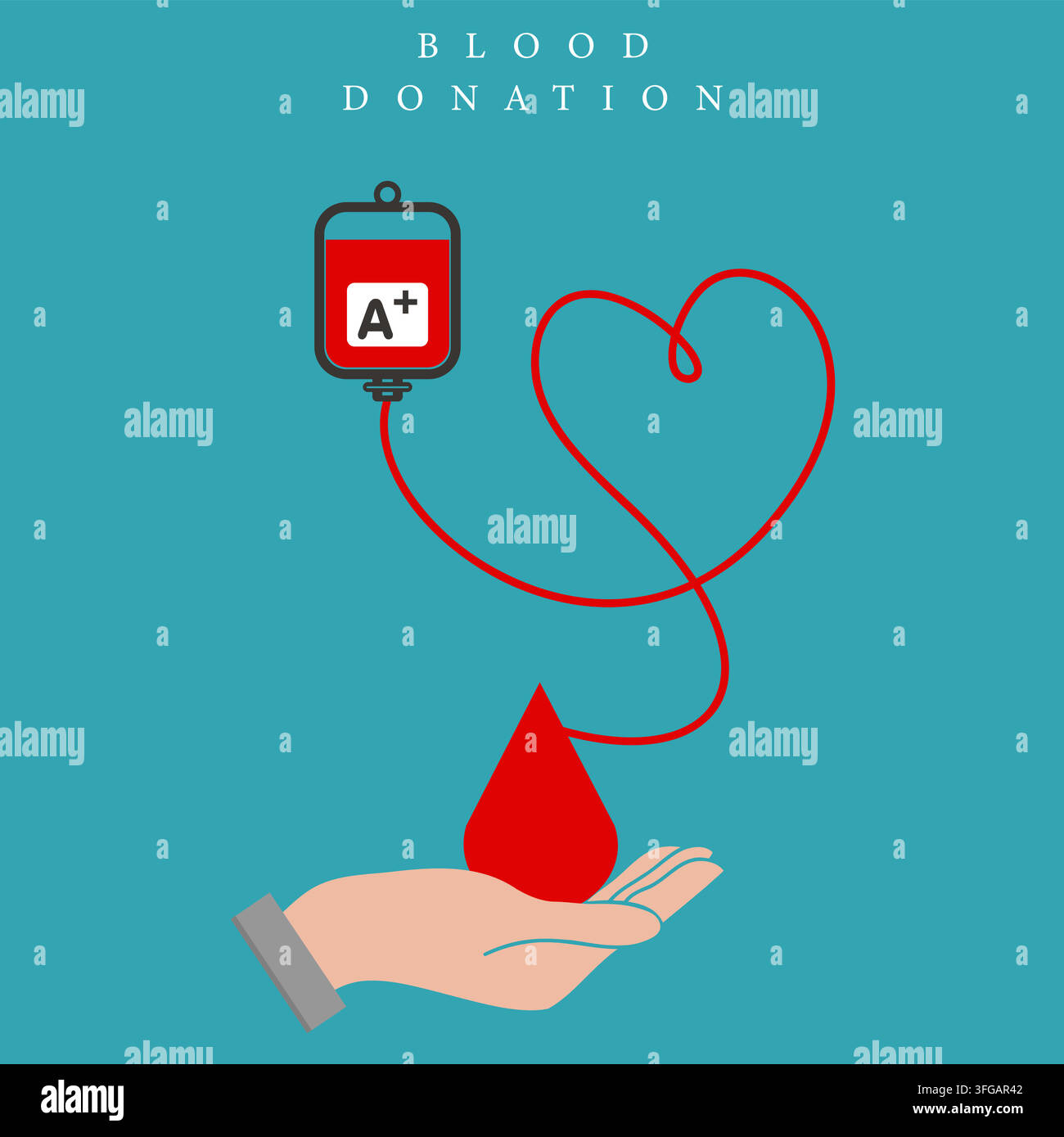 Illustration vectorielle de don de sang mettant en scène un sac de sang A positif, une boucle de tube en forme de cœur, une goutte de sang qui tombe et une main ouverte de soutien. Illustration de Vecteur