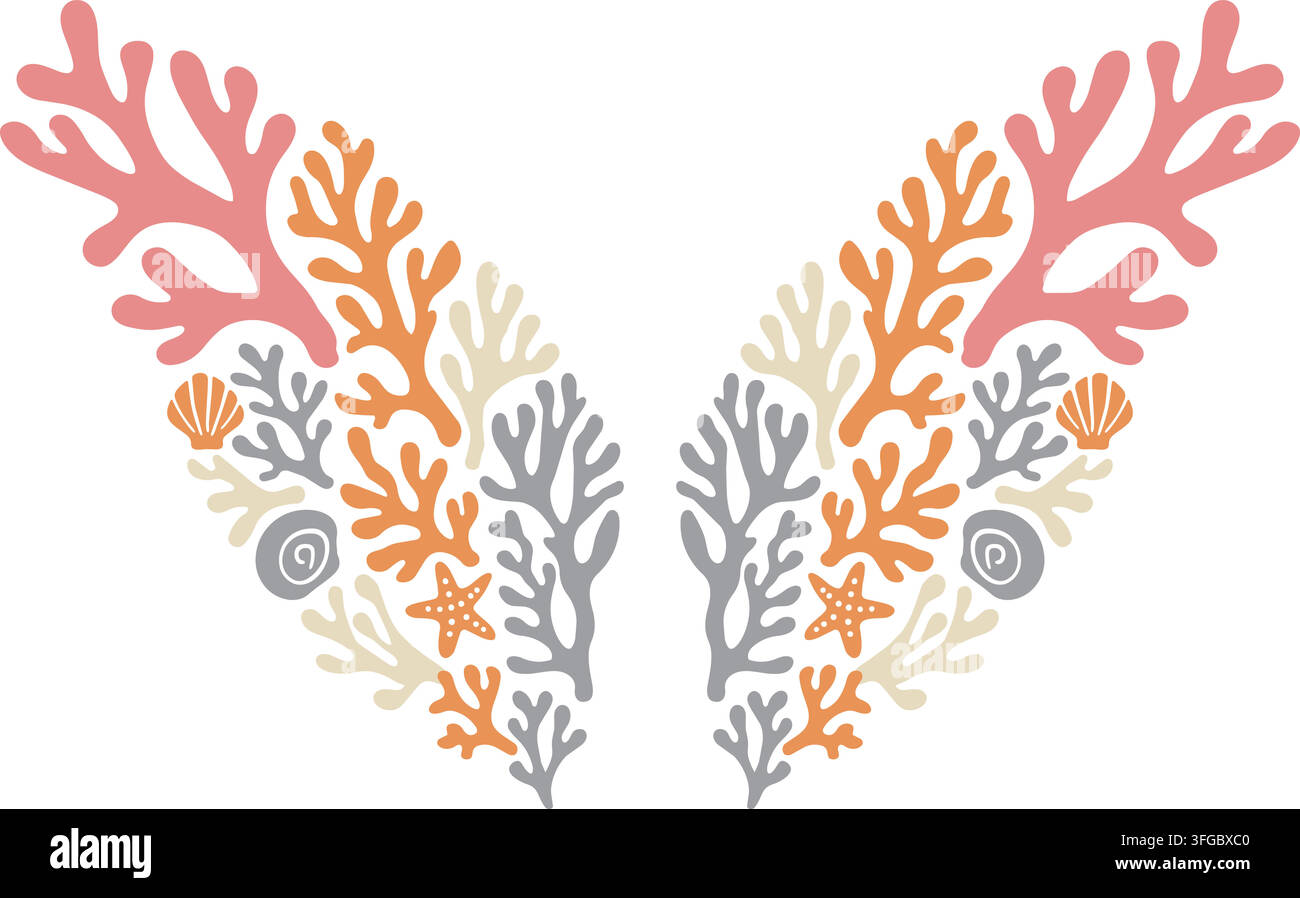 Illustration plate d'ailes ramifiées symétriques faites de formes botaniques orange corail, gris et rose avec de petits accents floraux Illustration de Vecteur