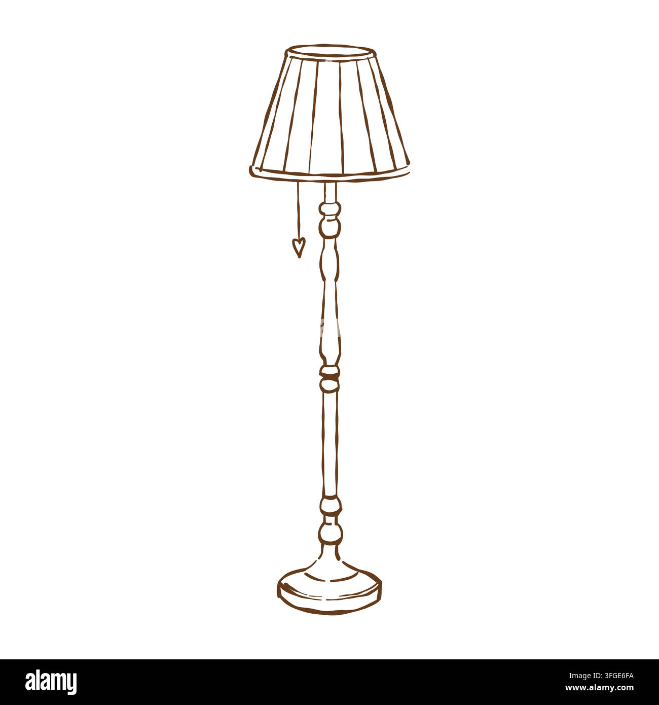 Grand lampadaire avec abat-jour et interrupteur à tirette. Illustration vectorielle rétro en trait. Clip art linéaire isolé. Illustration de Vecteur