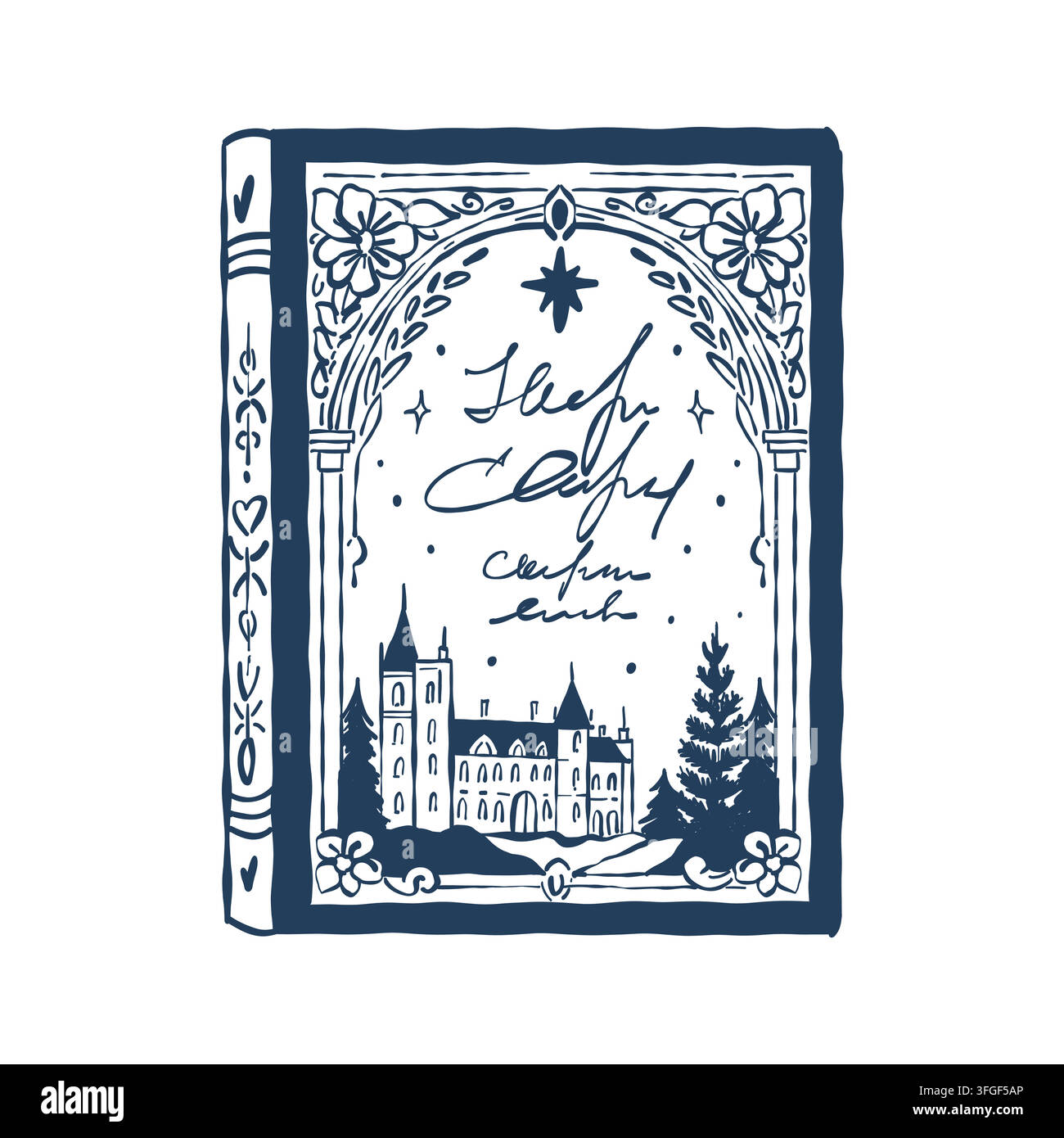 Un livre avec une belle couverture décorée de motifs. Roman, nouvelle. Un livre classique. Illustration vectorielle en trait bleu. Illustration de Vecteur