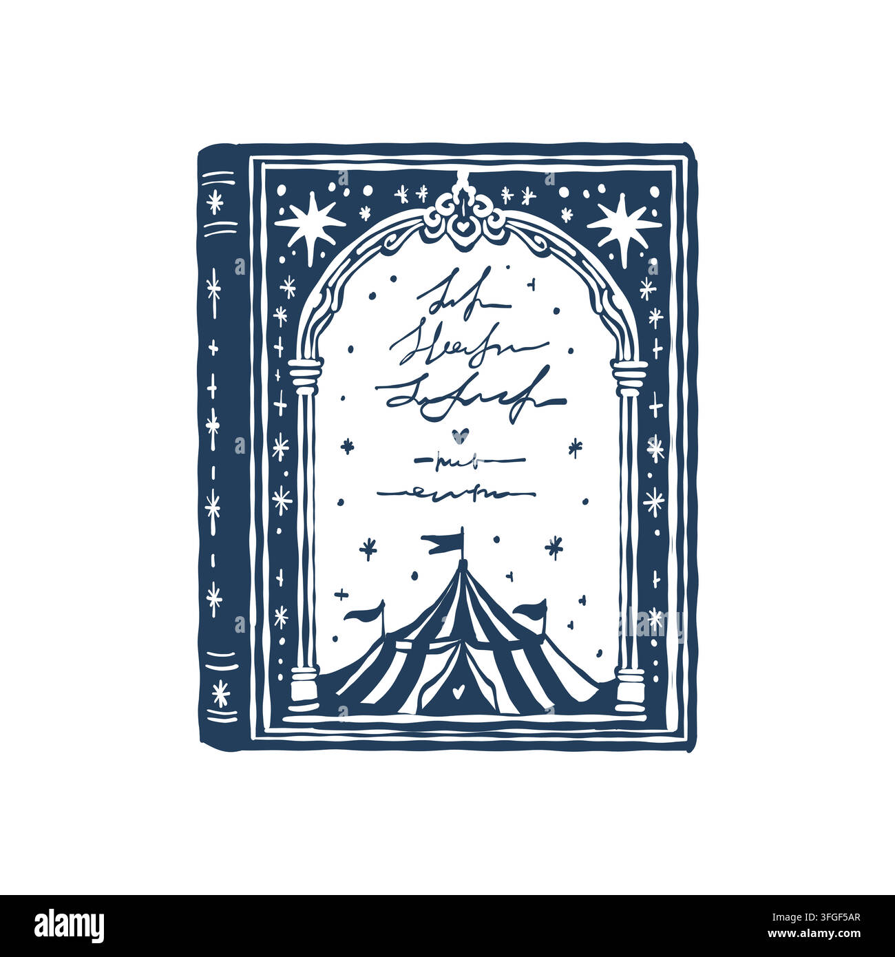 Un livre avec une belle couverture décorée de motifs. Cirque. Un livre classique. Illustration vectorielle en contour bleu. Illustration de Vecteur