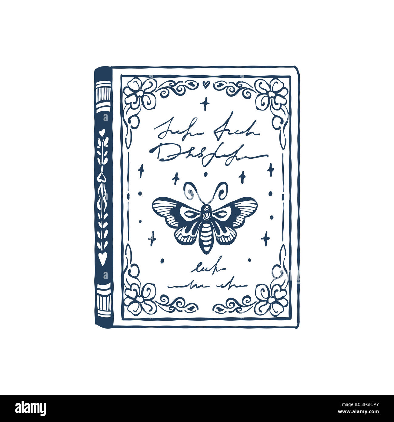 Un livre avec une belle couverture décorative à motifs. Papillon, insectes. Un livre classique. Illustration vectorielle en contours bleus. Illustration de Vecteur
