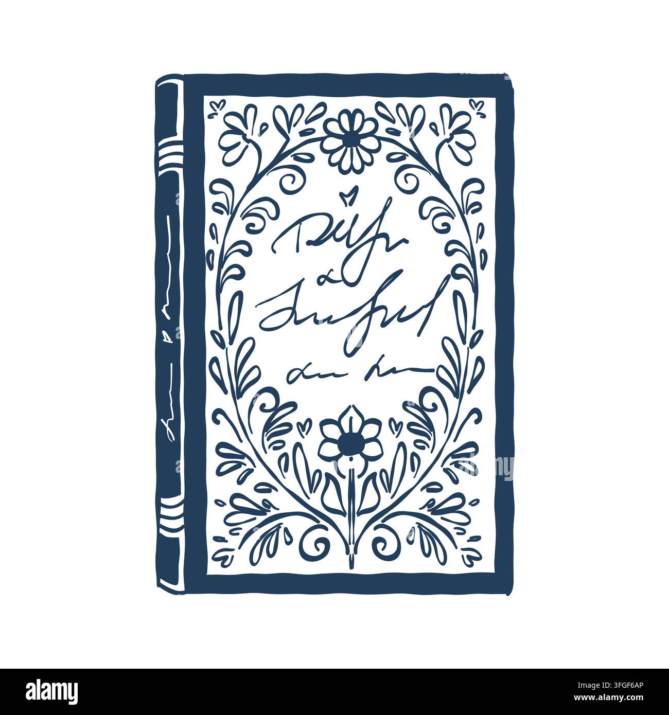 Un livre avec une belle couverture décorée de motifs. Roman, novella. Un livre classique. Ornement floral, fleurs. Illustration vectorielle en contour bleu. Illustration de Vecteur