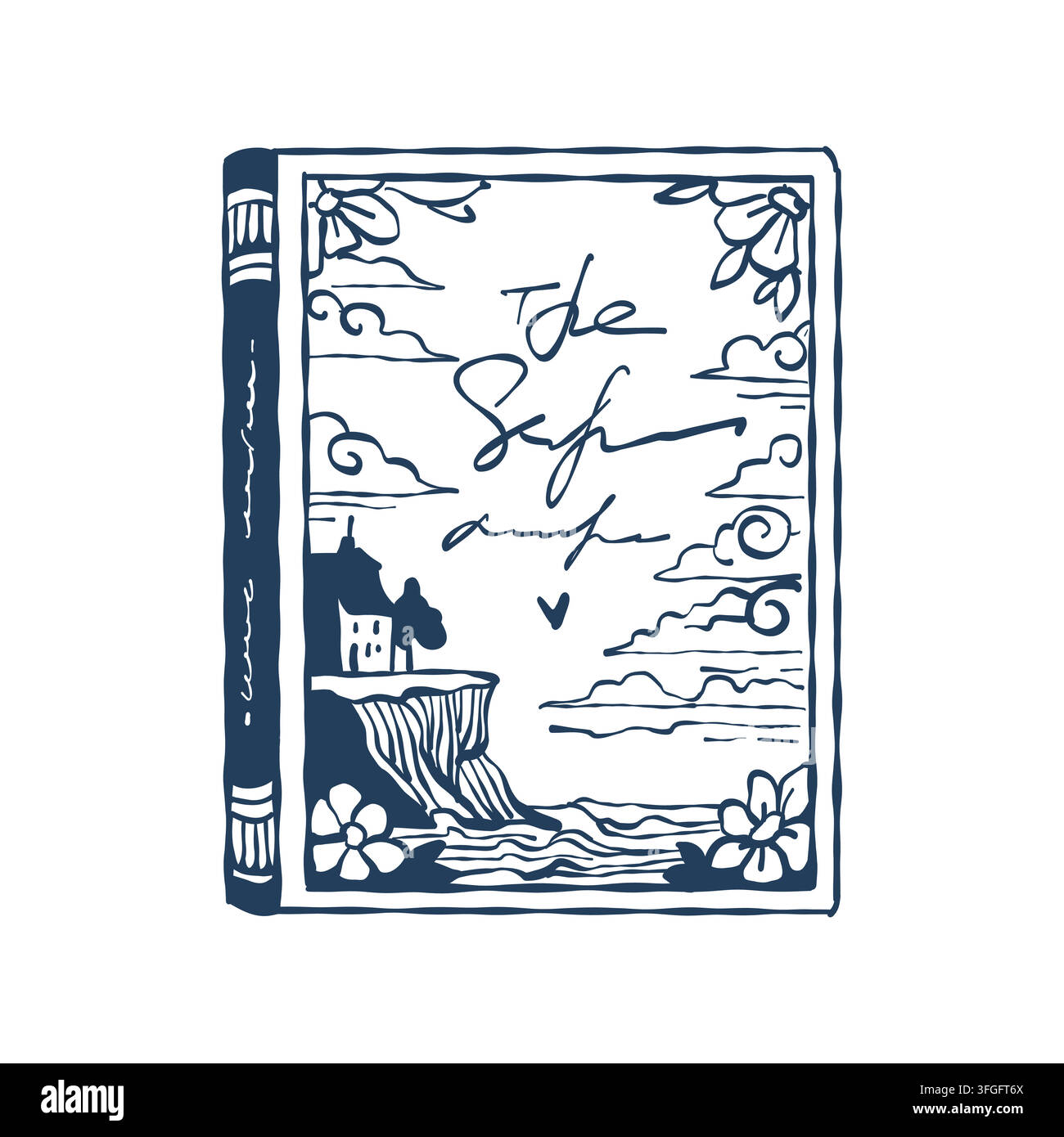 Un livre avec une belle couverture décorée de motifs. Roman, nouvelle. Un livre classique. Illustration vectorielle en trait bleu. Illustration de Vecteur