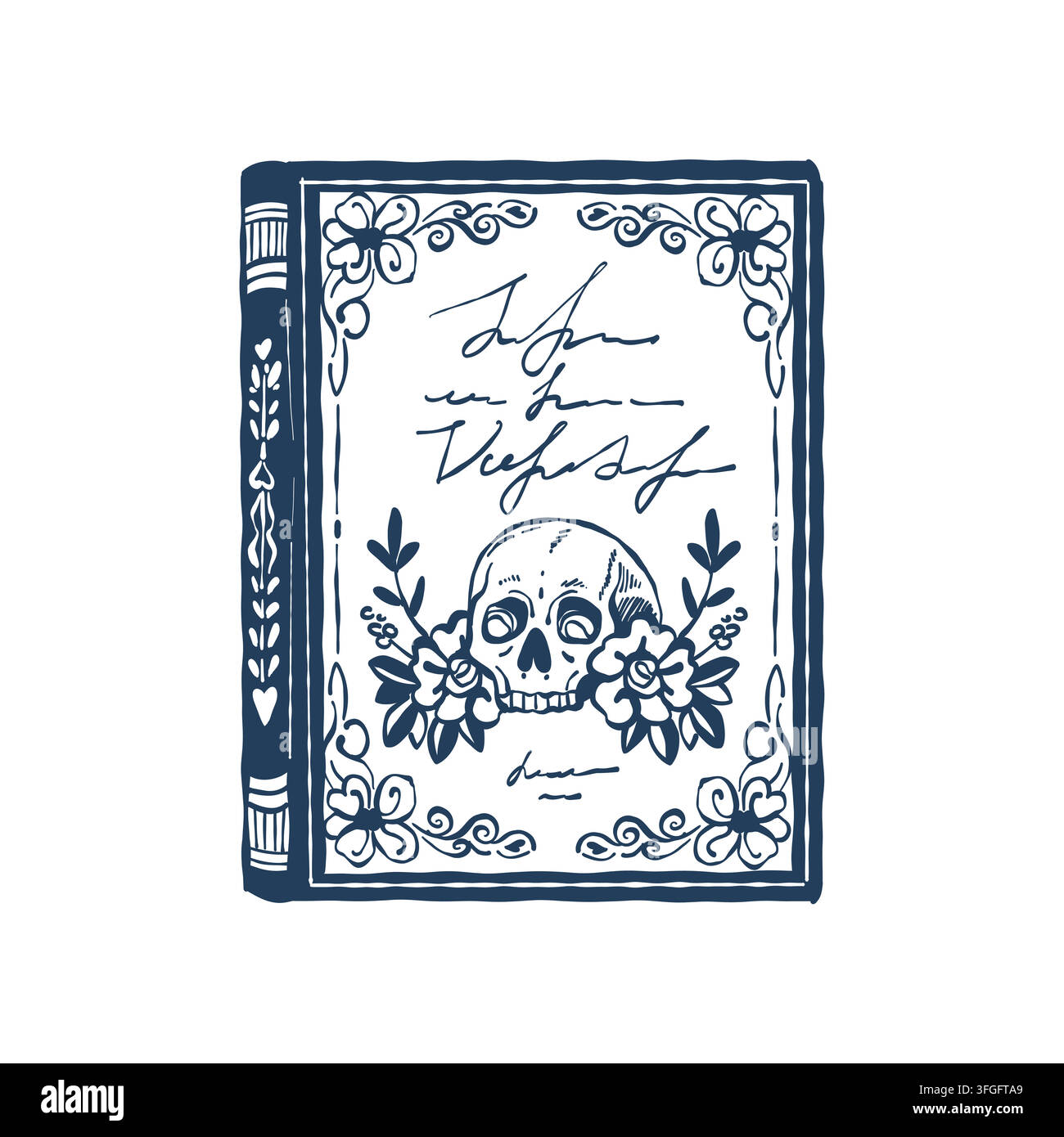 Un livre avec une belle couverture décorée de motifs. Roman mystique. Crâne. Ornement floral. Un livre classique. Illustration vectorielle en trait bleu. Illustration de Vecteur