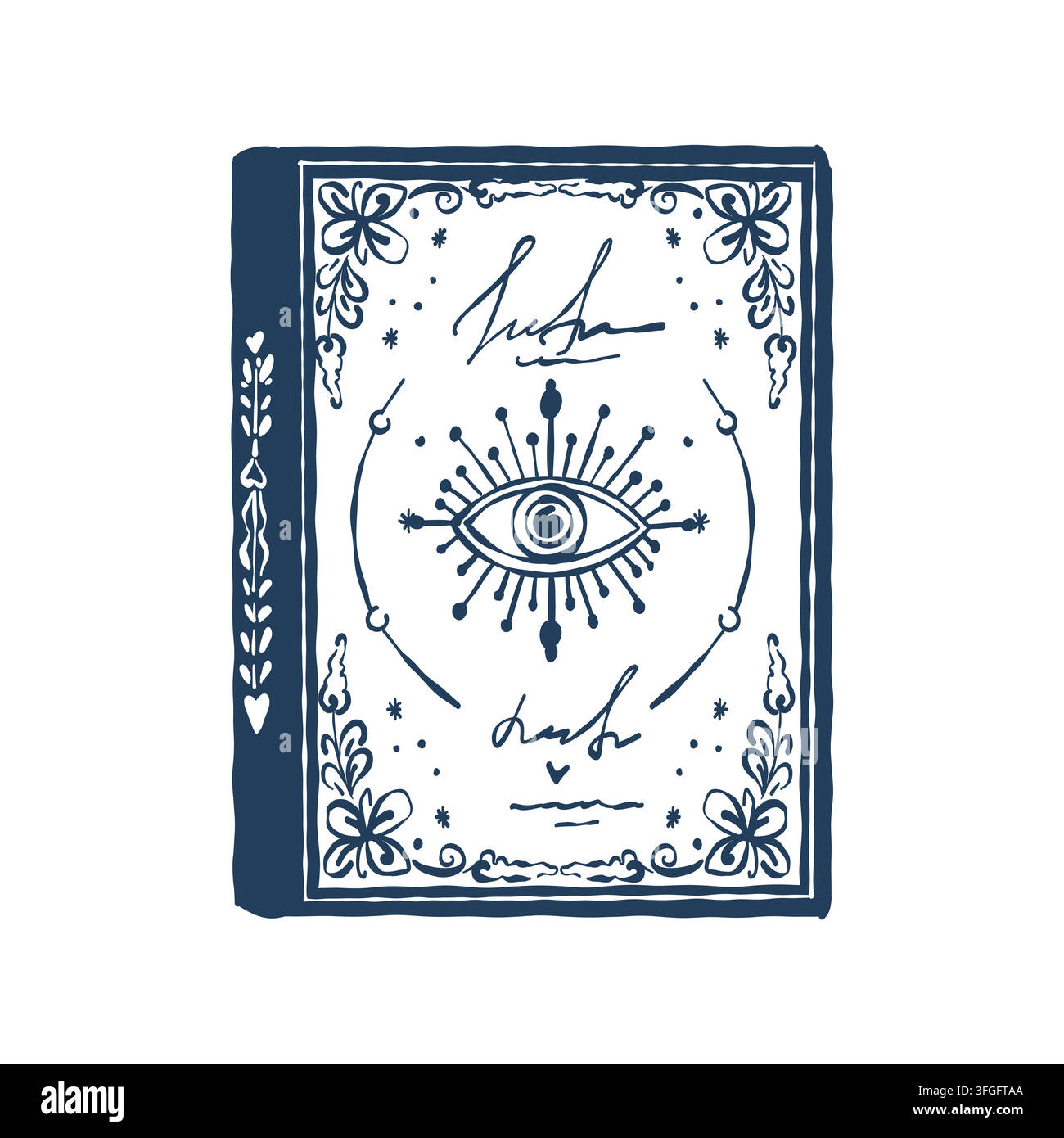 Un livre avec une belle couverture décorée de motifs. Roman mystique. Œil. Ornement floral. Un livre classique. Illustration vectorielle à contour bleu. Illustration de Vecteur