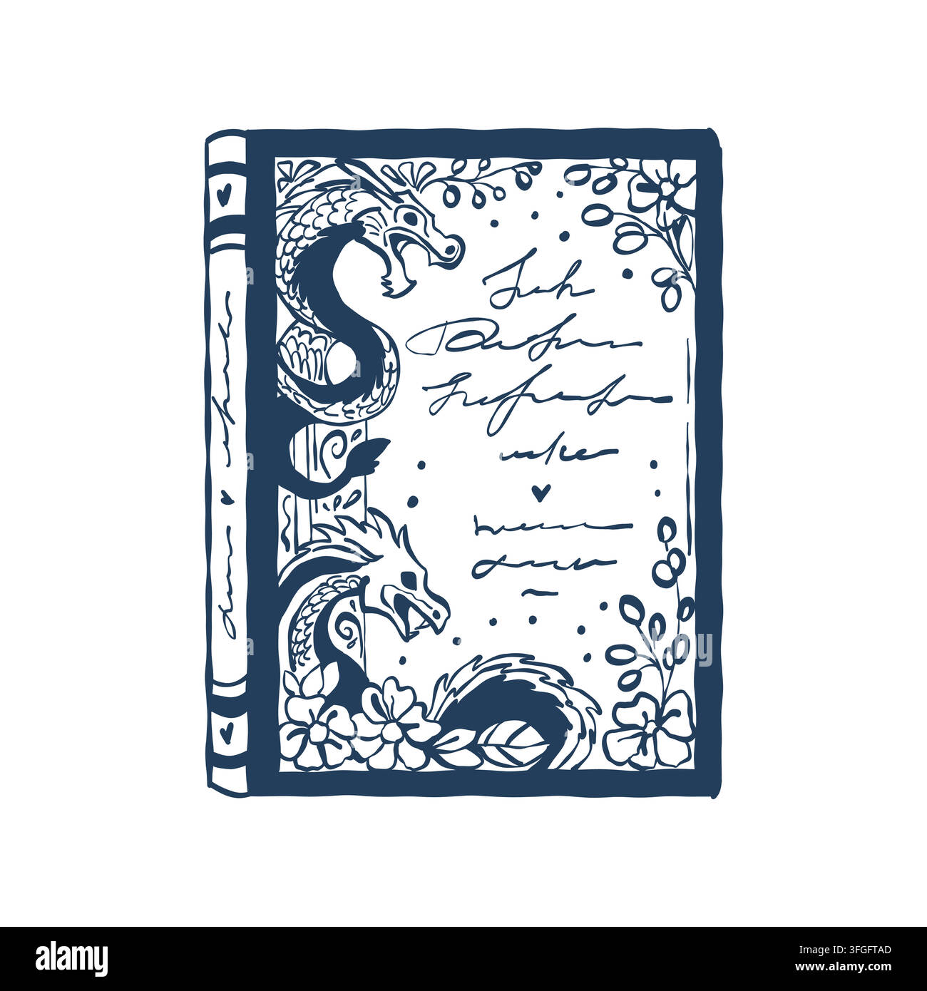 Un livre avec une belle couverture décorée à motifs. Science-fiction, fantaisie. Dragon. Un livre classique. Illustration vectorielle en contour bleu. Illustration de Vecteur