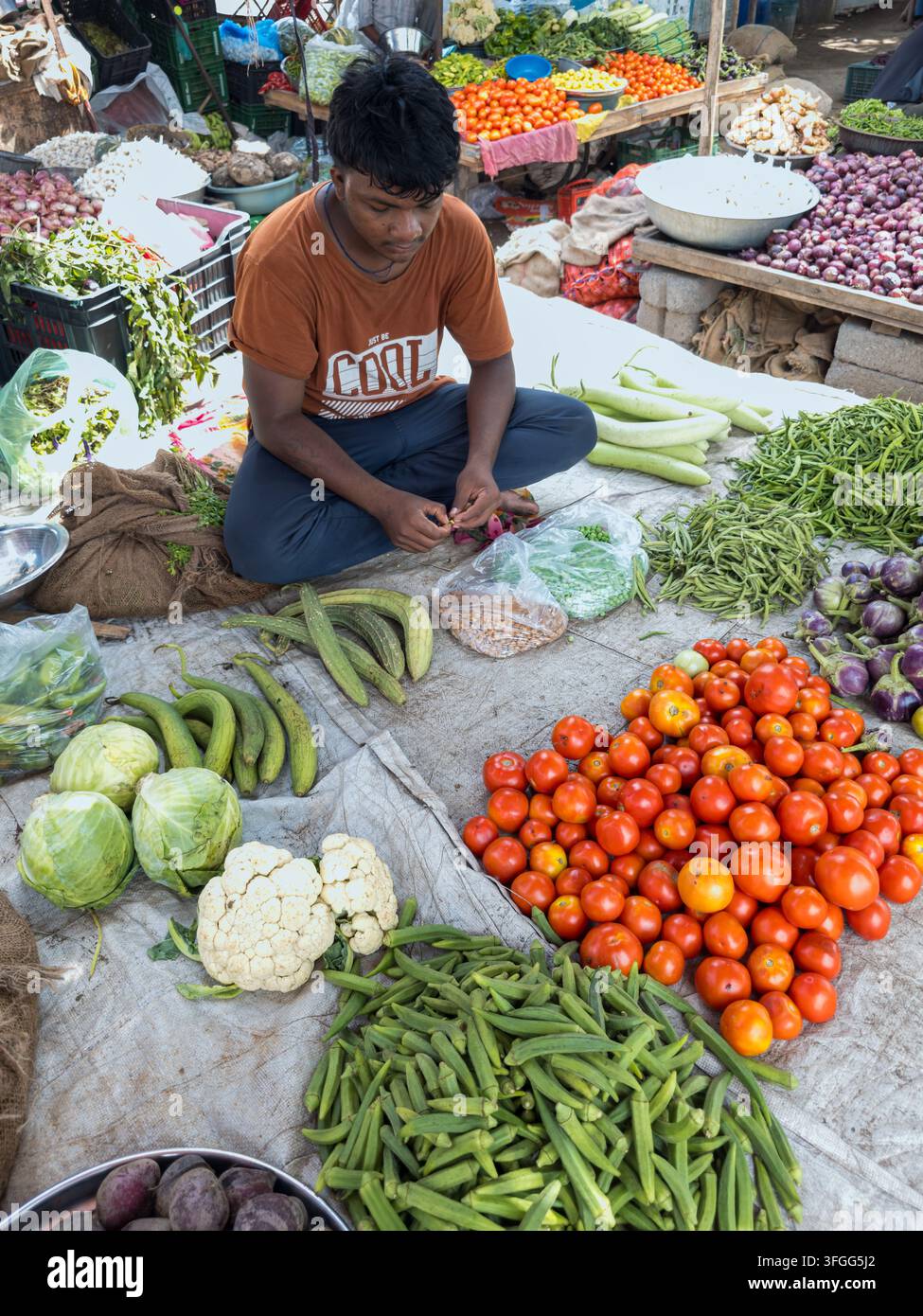 Une scène vibrante sur un marché local de légumes au Gujarat, en Inde, mettant en scène des vendeurs vendant des produits frais comme des tomates, du chou-fleur et des haricots verts - Image de stock capturée avec un smartphone