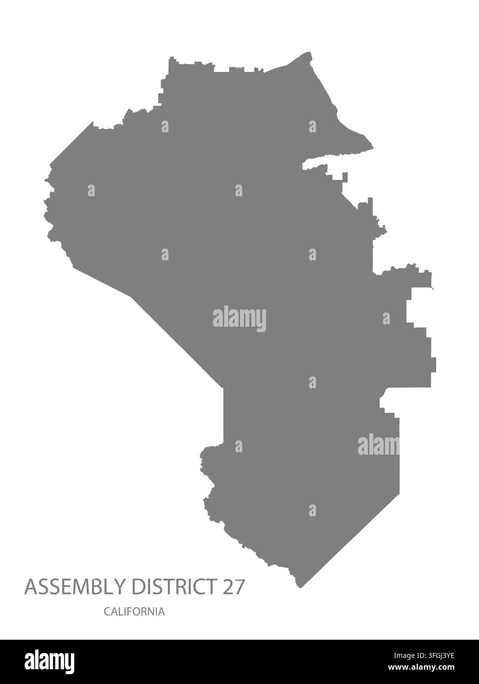 Carte vectorielle plate moderne du district de l'Assemblée 27, Californie, États-Unis. Silhouette détaillée des limites du district en gris sur fond blanc. Illustration de Vecteur