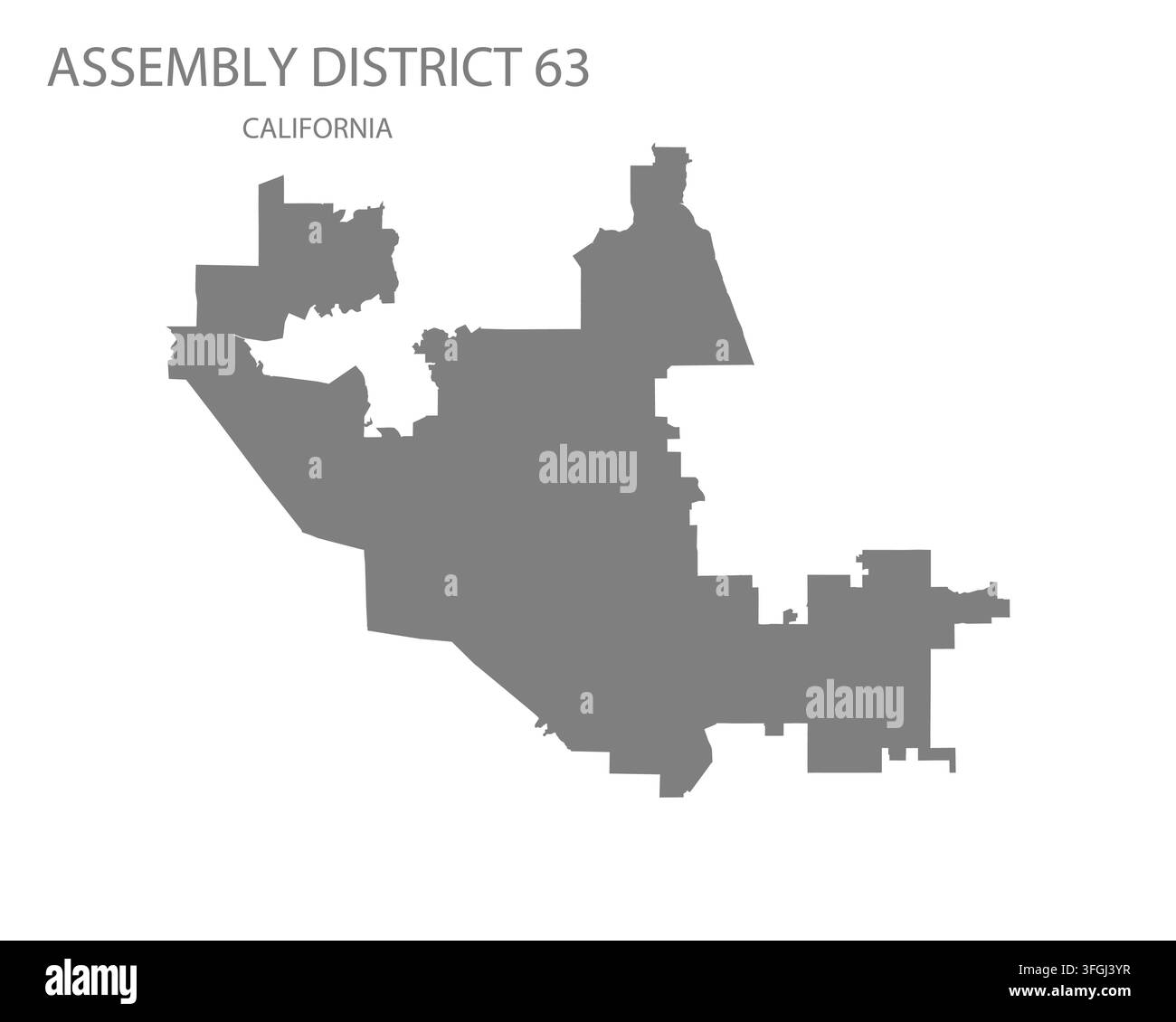 Carte vectorielle plate moderne du district assembleé 63, Californie, États-Unis. Silhouette détaillée de la limite du district en gris sur fond blanc. Illustration de Vecteur