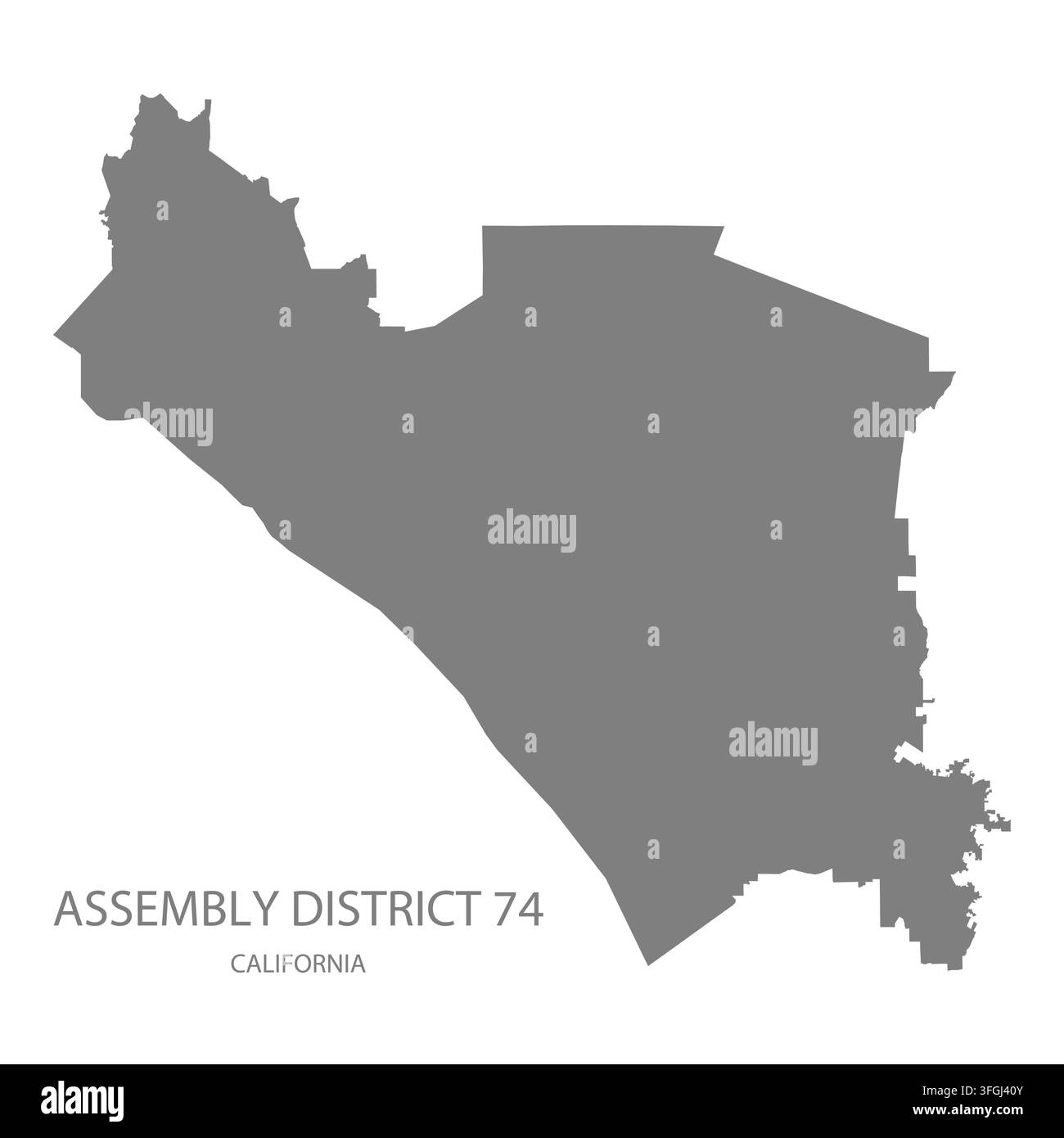Carte vectorielle plate moderne du district électoral 74, Californie, États-Unis. Silhouette détaillée des limites du district en gris sur fond blanc. Illustration de Vecteur