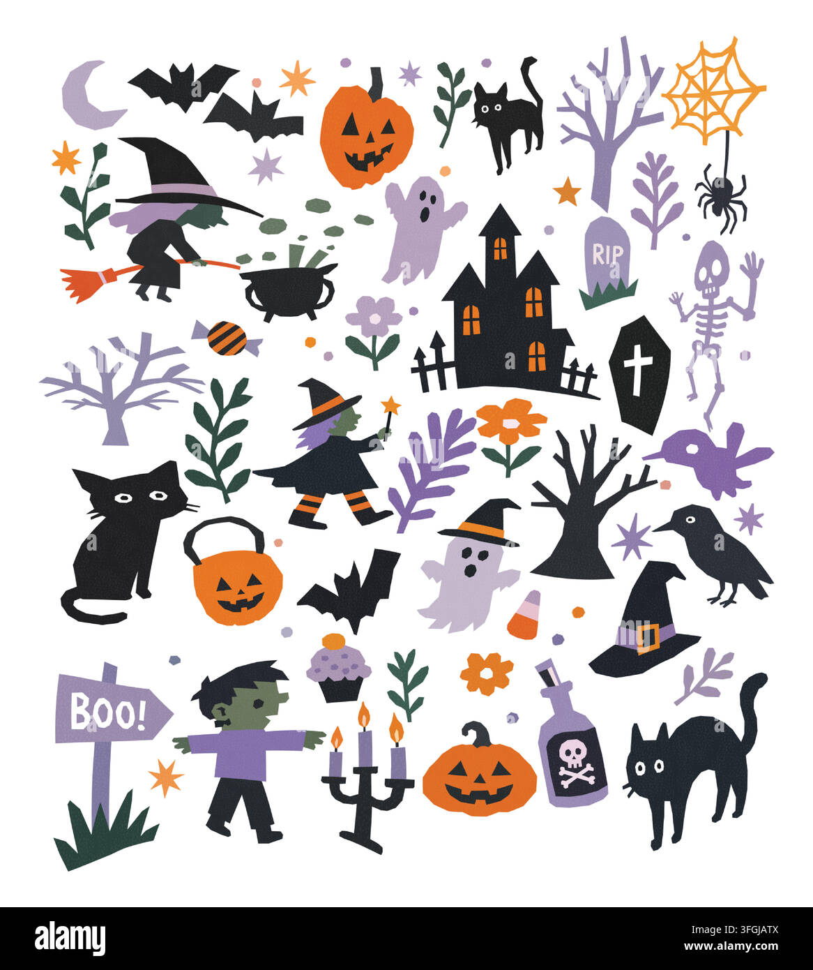 Ensemble d'illustrations d'Halloween dessinées à la main mignonnes comprenant des sorcières, des citrouilles, des fantômes, des chats noirs, des chauves-souris, une maison hantée, un squelette, une araignée, une potion et des éléments effrayants Illustration de Vecteur