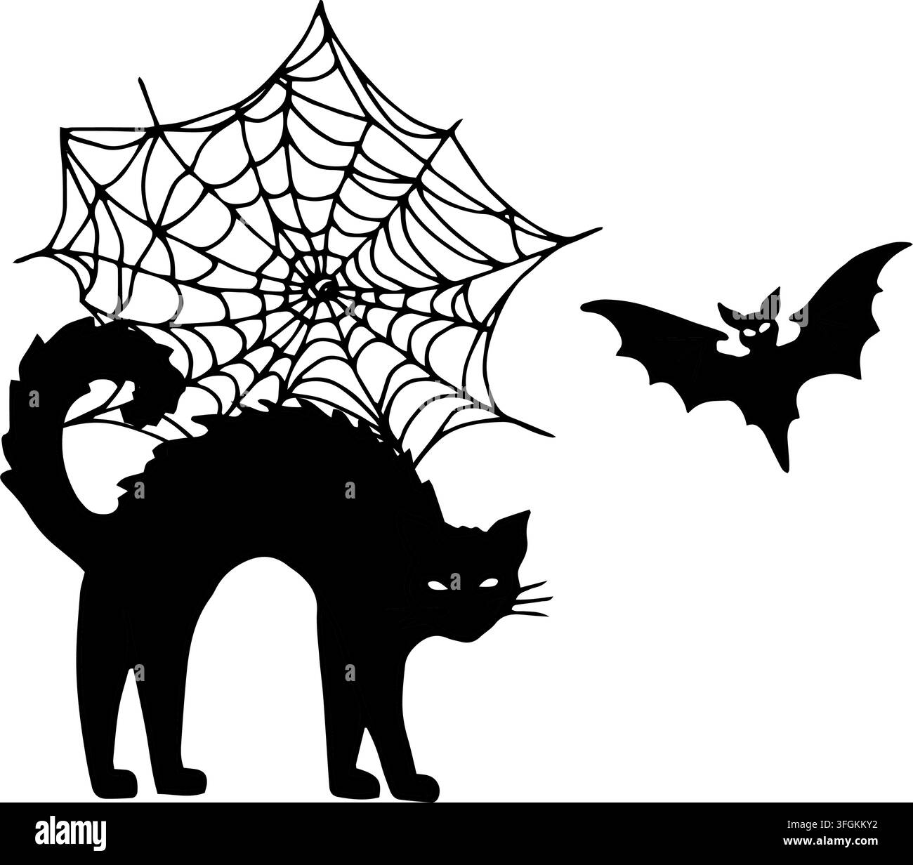 Composition vectorielle dessinée à la main pour Halloween avec chat noir, toile d'araignée, chauve-souris. Silhouette d'animal et d'oiseau. Illustration graphique avec contour. Animal de compagnie pour une ambiance effrayante Illustration de Vecteur