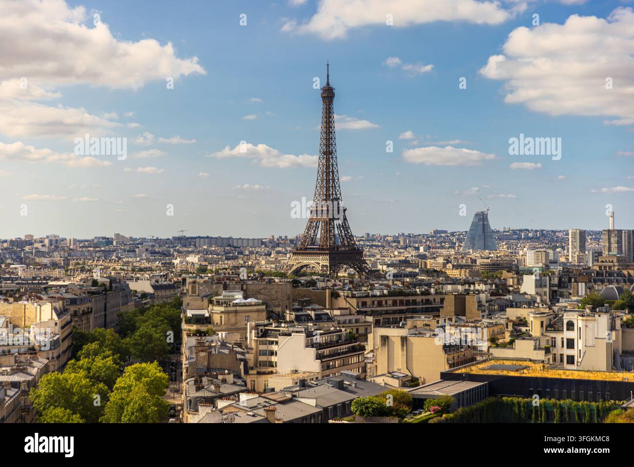 Une vue large et à angle élevé capture l'immense skyline de Paris et l'emblématique tour Eiffel Banque D'Images
