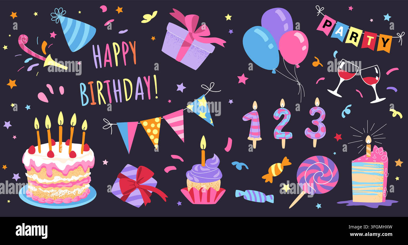 Ensemble d'autocollants d'anniversaire. Gâteau de fête joyeux, ballon doodle et cadeau avec confettis rétro funky, cadeau et bougies. Mignonnes sucreries groovy. Illustration isolée en vecteur graphique de célébration colorée Illustration de Vecteur