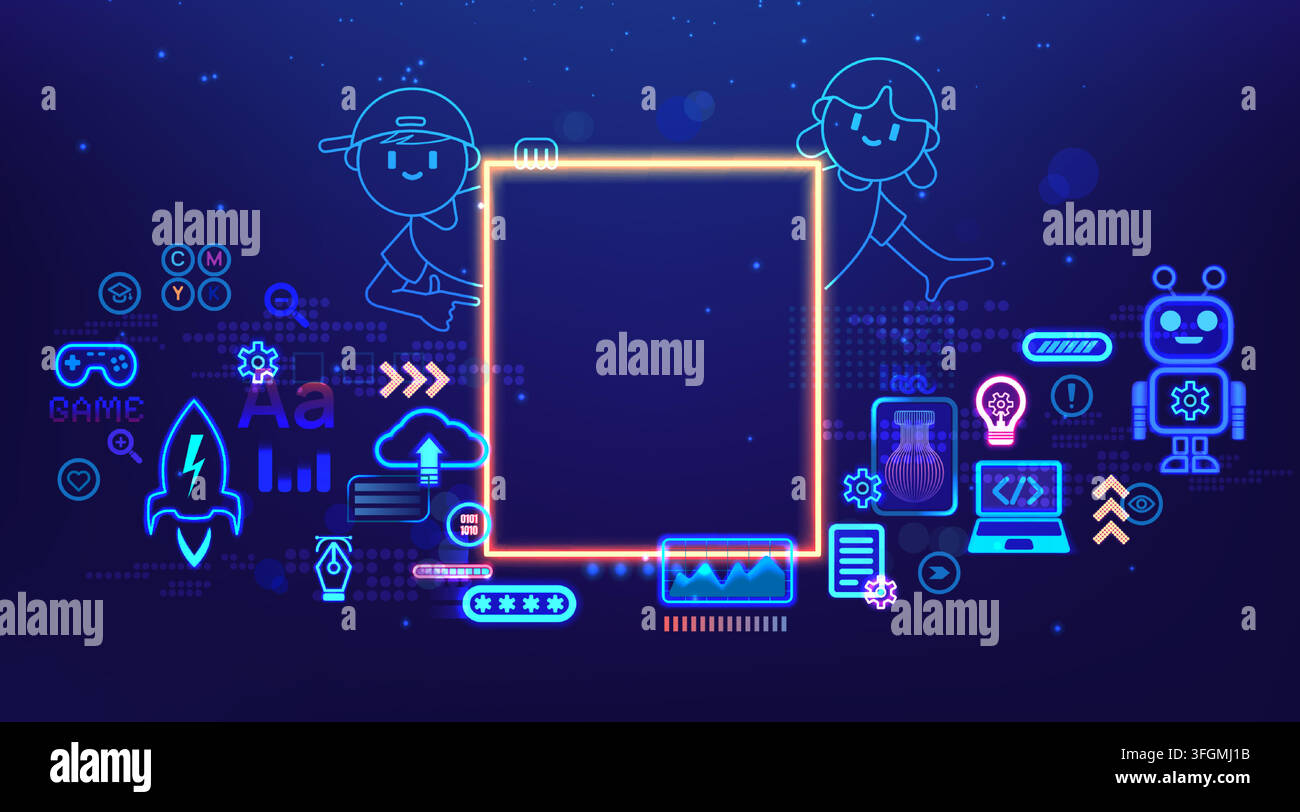 Éducation STEM. Code de jeu pour enfants, robotique scientifique dans une école pour enfants geeks. Programme informatique numérique. Cadre néon vide lumineux. Interface numérique futuriste. Modèle de bannière. Arrière-plan vectoriel Illustration de Vecteur