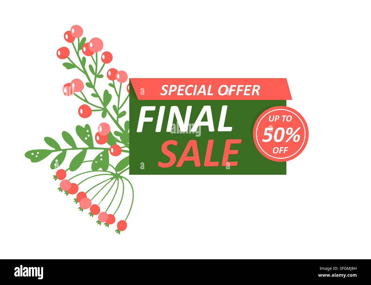 Conception de bannière de vente finale. Carte promotionnelle minimaliste avec baies botaniques et badge de réduction, flyer de marketing de détail saisonnier, message d'offre spéciale. Illustration isolée de style plat de dessin animé vectoriel Illustration de Vecteur