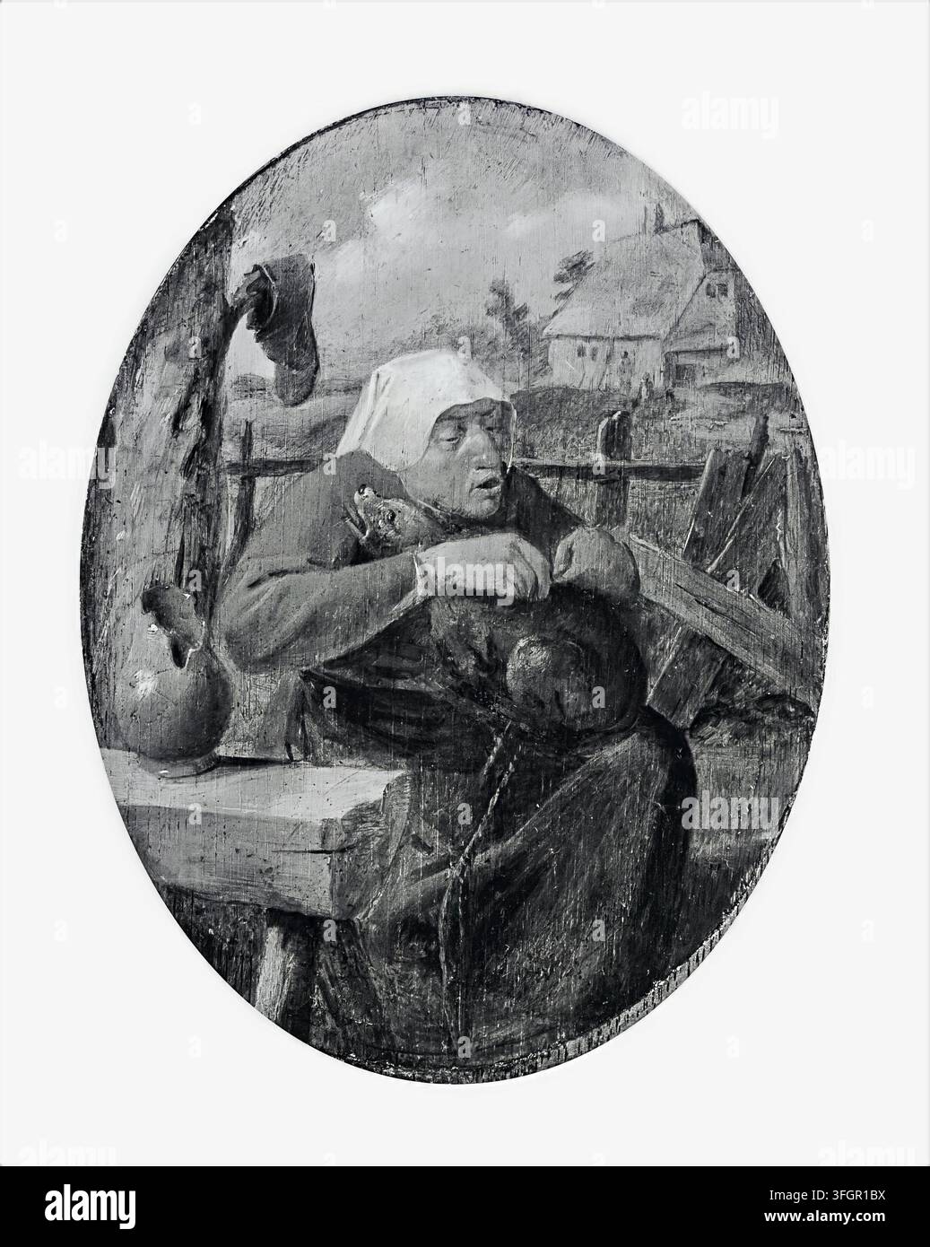 Adriaen Brouwer – Une femme paysanne écartant les puces d’un chien, vers 1626. Une scène d’intérieur rustique avec une personne et un animal de compagnie Banque D'Images