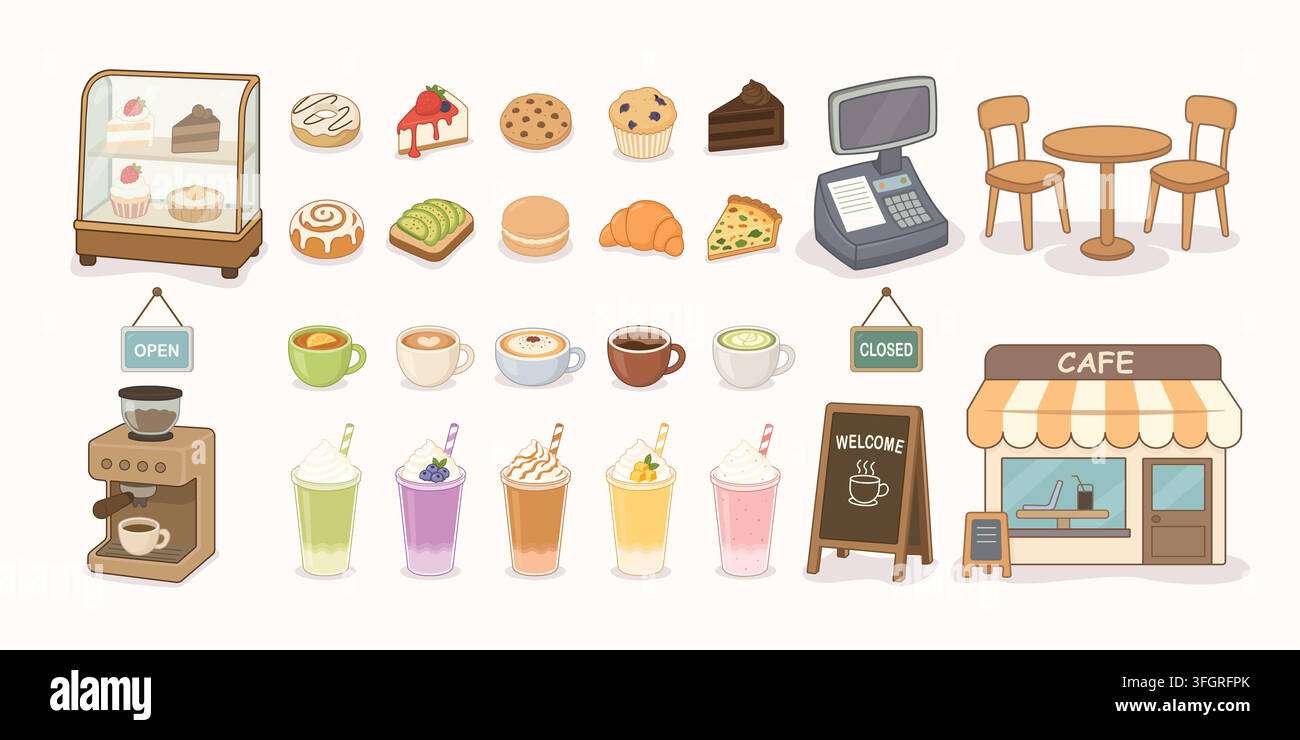 Collection d'illustrations mignonnes de cafés et de boutiques de café avec des boissons, des pâtisseries et des meubles Illustration de Vecteur