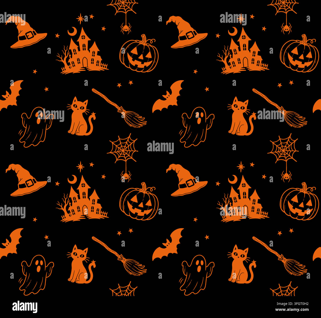 Motif sans joint d'Halloween avec des chapeaux de sorcière orange, des maisons hantées, des citrouilles, des fantômes, des chats noirs, des chauves-souris, des balais, des araignées, des toiles, des lunes et des étoiles sur un bla Illustration de Vecteur