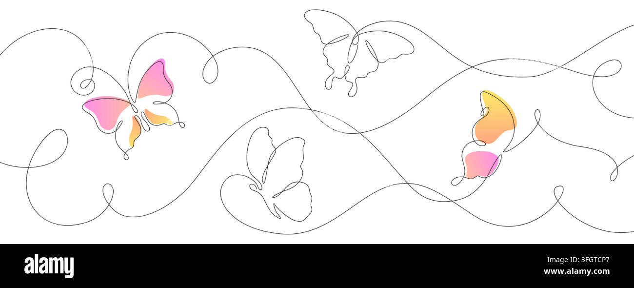 Dessin vectoriel au trait continu d'un papillon volant avec des ailes colorées dans le ciel. Icônes minimales de silhouette estivale en trait unique dessiné à la main. Éléments d'insectes en trait fin sur fond blanc Illustration de Vecteur
