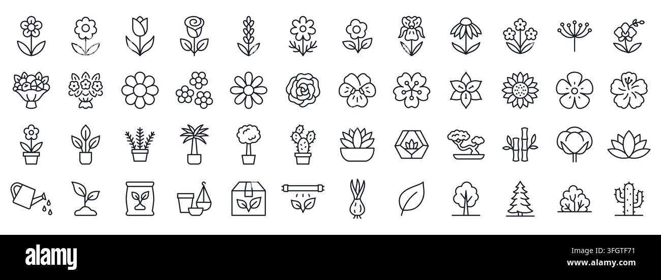 Ensemble d'icônes linéaires de fleurs et plantes. Rose, tulipe, lavande, marguerite, tournesol, lotus, cactus, succulente, bonsaï et outils de jardinage vectoriels minimaux linéaires Illustration de Vecteur