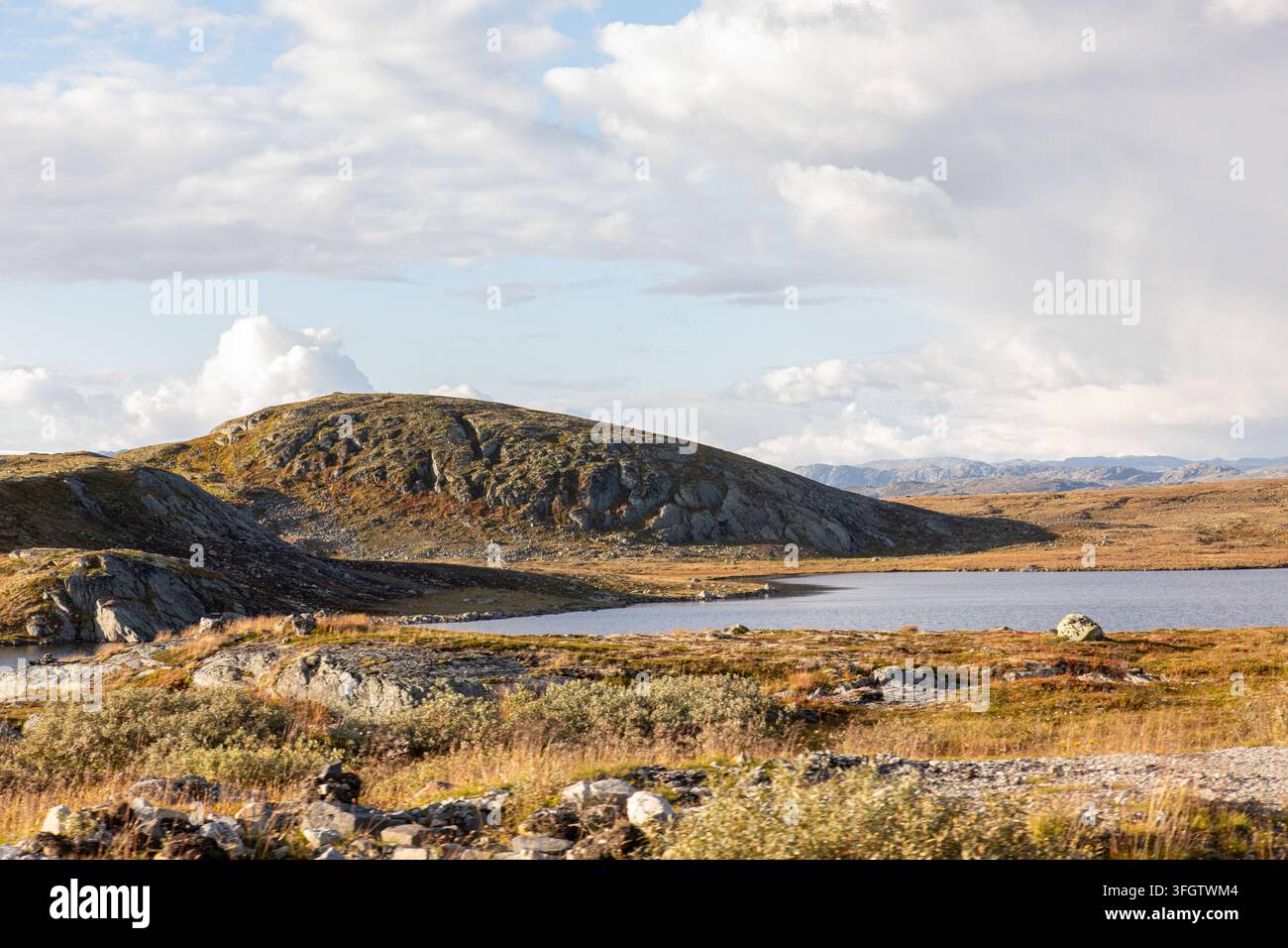 20 août 2026 - Geilo, Norvège : Zone montagneuse pittoresque sur la route de Geilo à Oslo, serpentant à travers les hautes terres norvégiennes avec de nombreux lacs, pois rocheux Banque D'Images