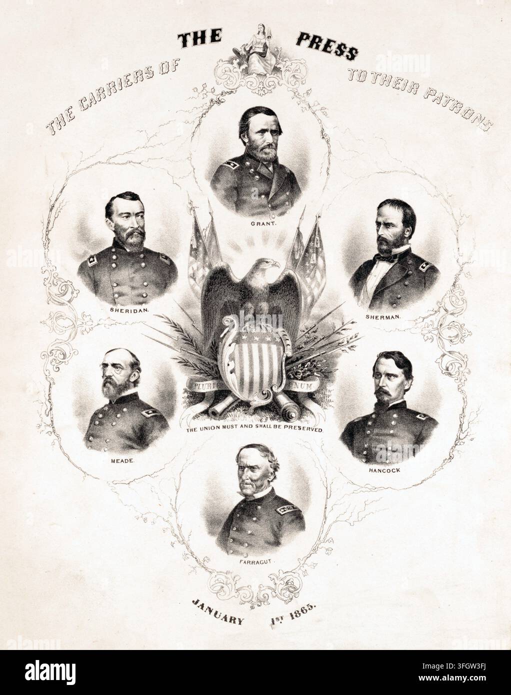"Une lithographie historique de janvier 1865, intitulée "Les porteurs de la presse à leurs mécènes", représentant des généraux de l'Union pendant la guerre de Sécession américaine. Au centre se trouve un aigle à tête blanche américain portant l'emblème des États-Unis et l'inscription "L'Union doit et sera préservée". En haut au centre se trouve le général Ulysses S. Grant, entouré des généraux Sheridan, Sherman, Meade et Hancock, avec l'amiral Farragut en bas. L'estampe servait de vœu du Nouvel An des porteurs de journaux à leurs abonnés en janvier 1865. Histoire américaine, authentique, numérique Banque D'Images