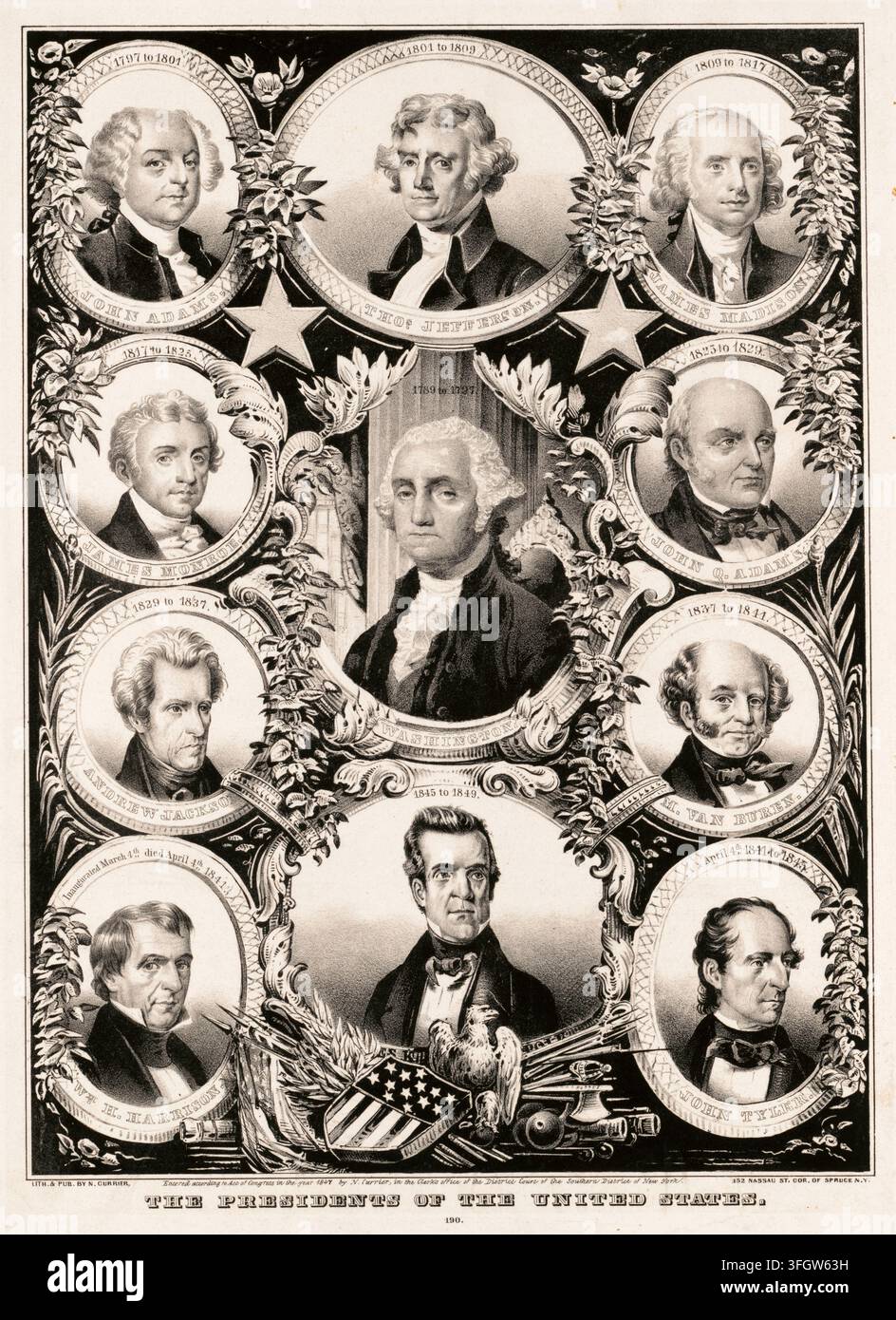 « La feuille représente les onze premiers présidents des États-Unis dans des ovales décoratifs, encadrés d'étoiles, de couronnes de lauriers et de symboles patriotiques tels que l'emblème américain. Au centre se trouve George Washington (1er président), qui, en tant que père de la nation, occupe la position centrale et la plus grande. Rangée supérieure (de gauche à droite) : John Adams (2e), Thomas Jefferson (3e), James Madison (4e). Rangée du milieu (flancs extérieurs) : James Monroe (5e, gauche) et John Quincy Adams (6e, droite). Rangées inférieures et base (de gauche à droite) : Andrew Jackson (7e), Martin Van Buren (8e), William Henry Harriso Banque D'Images