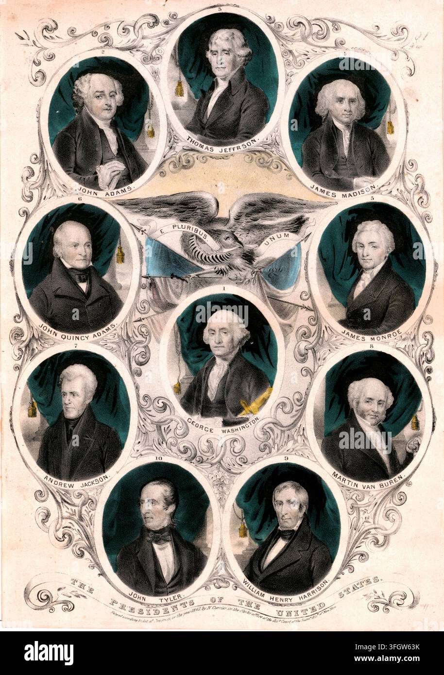 Galerie des dix premiers présidents des États-Unis, 1842. Centre : George Washington (1er président). Rang supérieur (de gauche à droite) : John Adams (2e), Thomas Jefferson (3e), James Madison (4e). Rang moyen (de gauche à droite) : John Quincy Adams (6e), James Monroe (5e). Rang inférieur (de gauche à droite) : Andrew Jackson (7e), Martin Van Buren (8e). Rang inférieur (de gauche à droite) : John Tyler (10e), William Henry Harrison (9e). Historique, histoire américaine, authentique, reproduction numériquement restaurée d'un original du XIXe siècle, date exacte de représentation inconnue. Banque D'Images