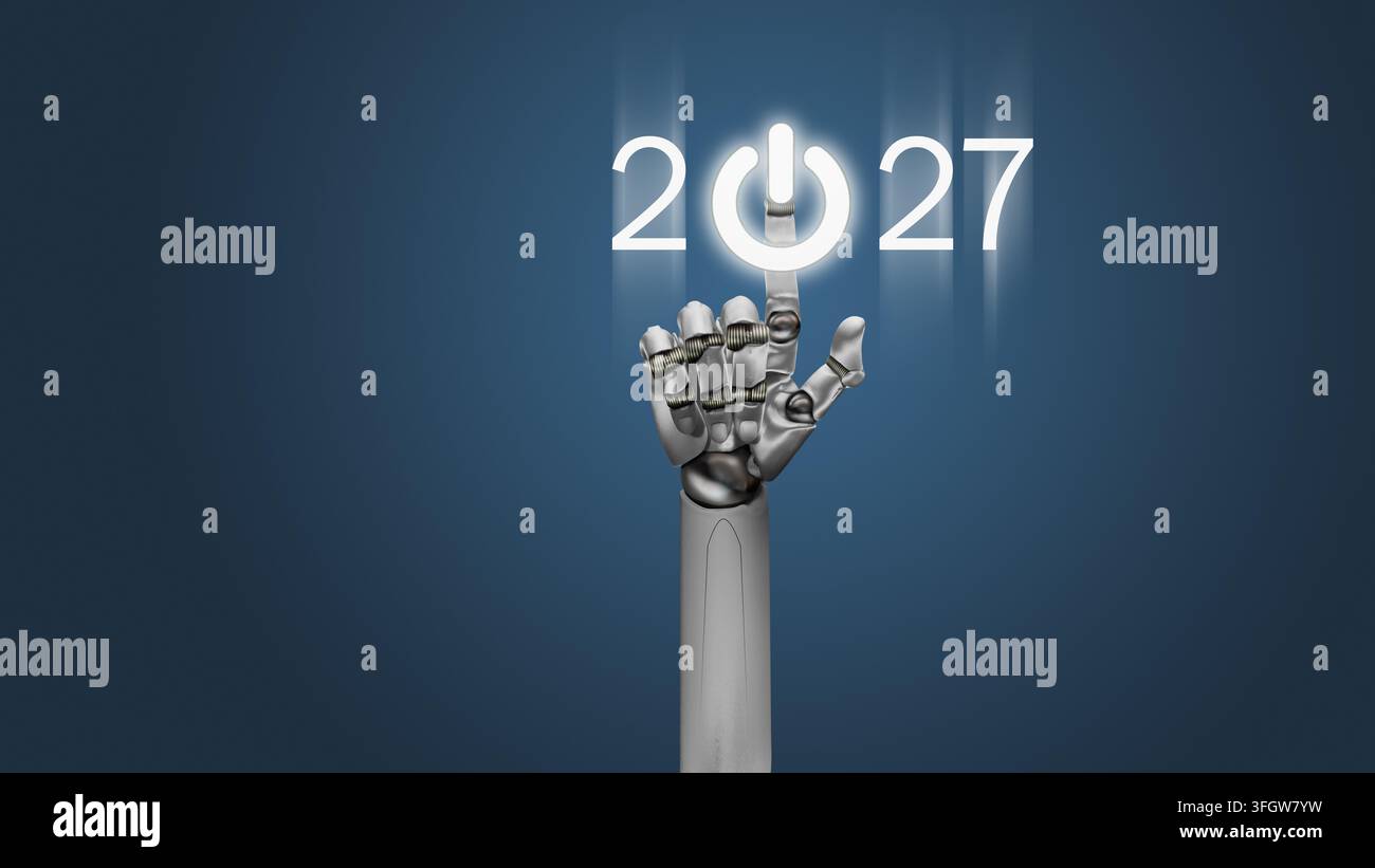 Une main robotique appuie sur un bouton d'écran tactile pour démarrer la nouvelle année - technologie futuriste, cyborg électronique, intelligence artificielle. Cyborg blanc Banque D'Images