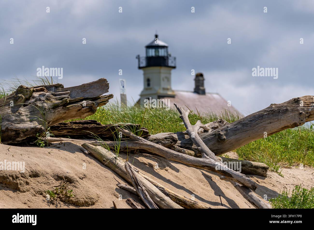 Le phare du nord de Block Island s'élevant au-dessus de la pointe herbeuse, encadré par des bois flottés au premier plan sous un ciel nuageux. Banque D'Images