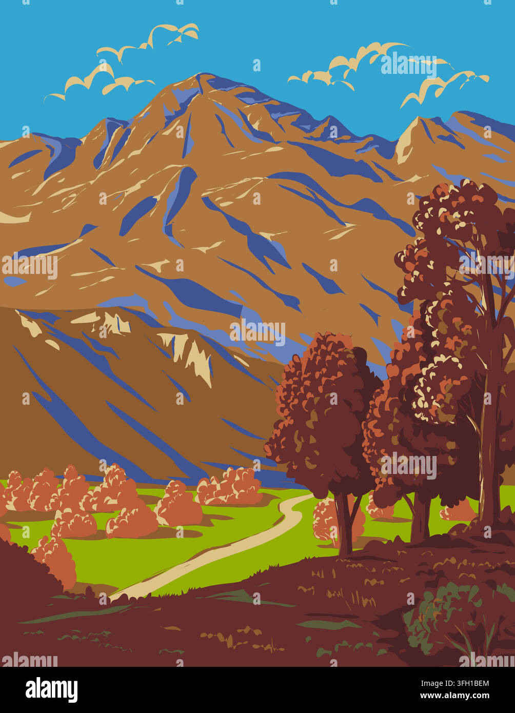 Art de poster WPA d'une chaîne de montagnes avec vallée et arbres réalisés dans le style du Works Progress Administration ou du Federal Art Project. Illustration de Vecteur