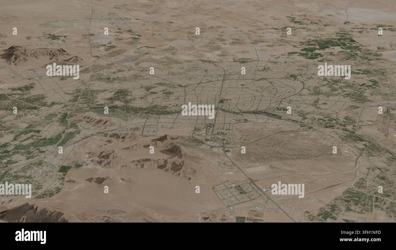 Illustration aérienne oblique en 3D d'Ispahan, Iran (République islamique d'), montrant la ville et le paysage environnant dans la lumière du petit matin. - Photomontage Banque D'Images