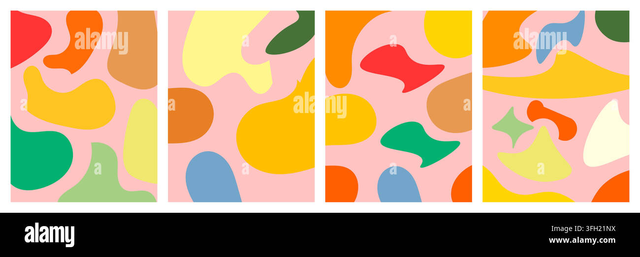 Une collection de quatre affiches artistiques présentant des formes organiques abstraites et des taches fluides dans des couleurs vives sur un fond rose pastel doux. Illustration de Vecteur