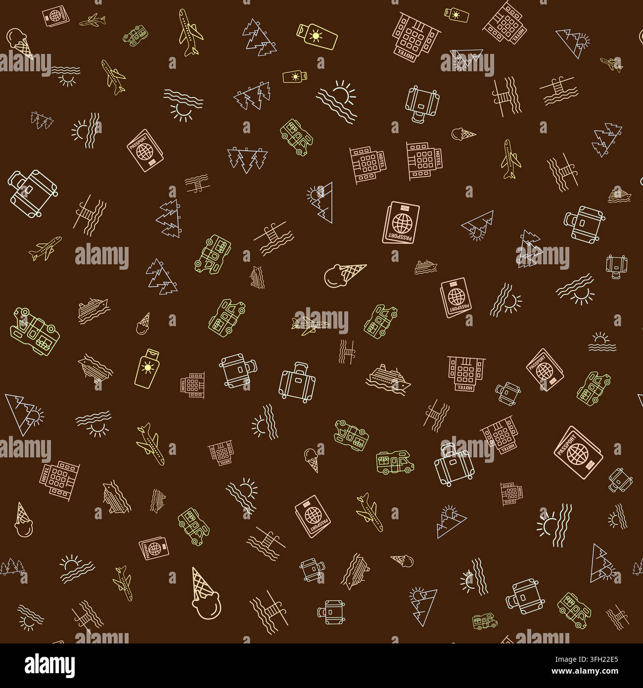 Un motif sans couture mettant en vedette divers icônes en ligne sur le thème des voyages et des vacances, incluant des avions, des valises et des passeports Illustration de Vecteur