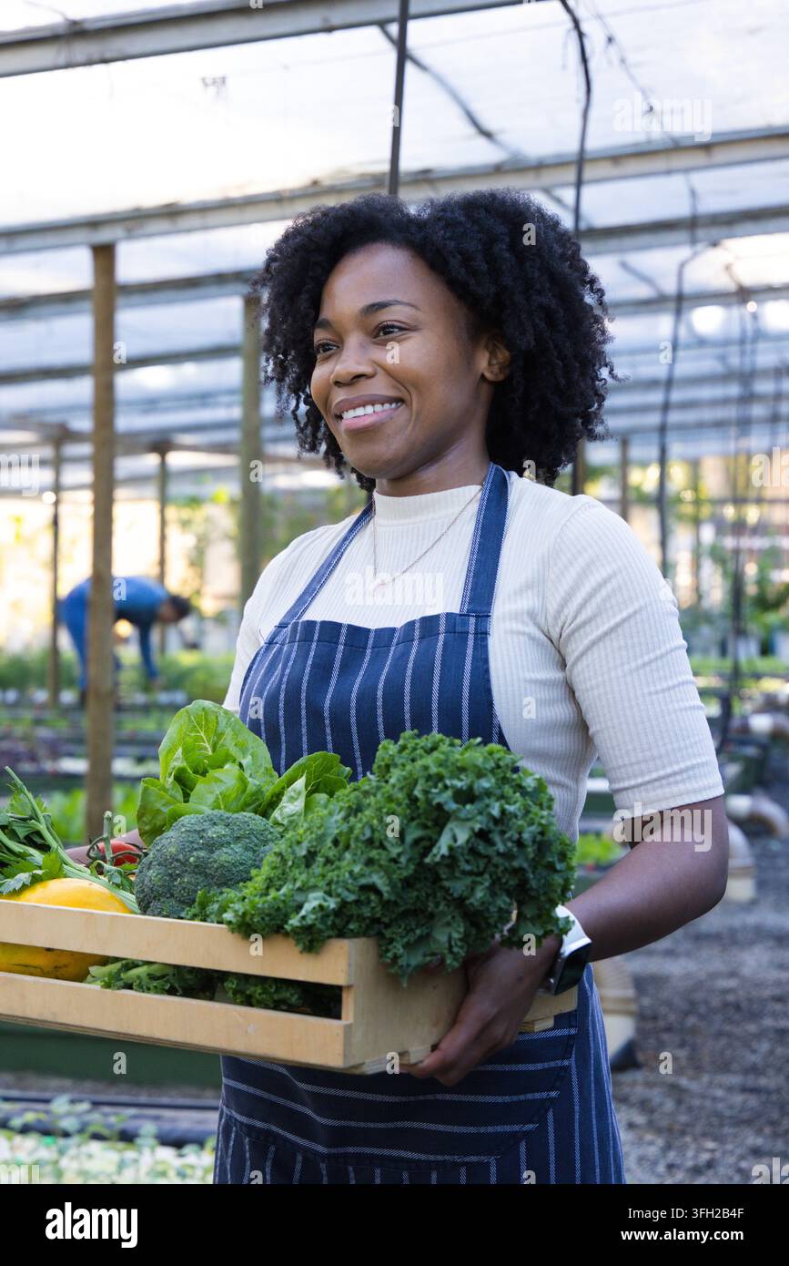 Femme africaine tenant une caisse de chou frisé et de brocoli dans une serre, portant un tablier rayé et une montre Banque D'Images