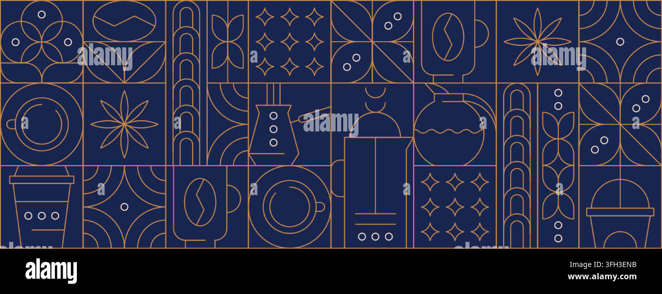 Motif géométrique abstrait de café dans un style minimaliste. Fond sombre sans couture vectoriel avec des illustrations au trait dessinées à la main de grains, tasse de boisson, théière chaude, feuilles de plantes et éléments Bauhaus en contours pour le menu de café Illustration de Vecteur