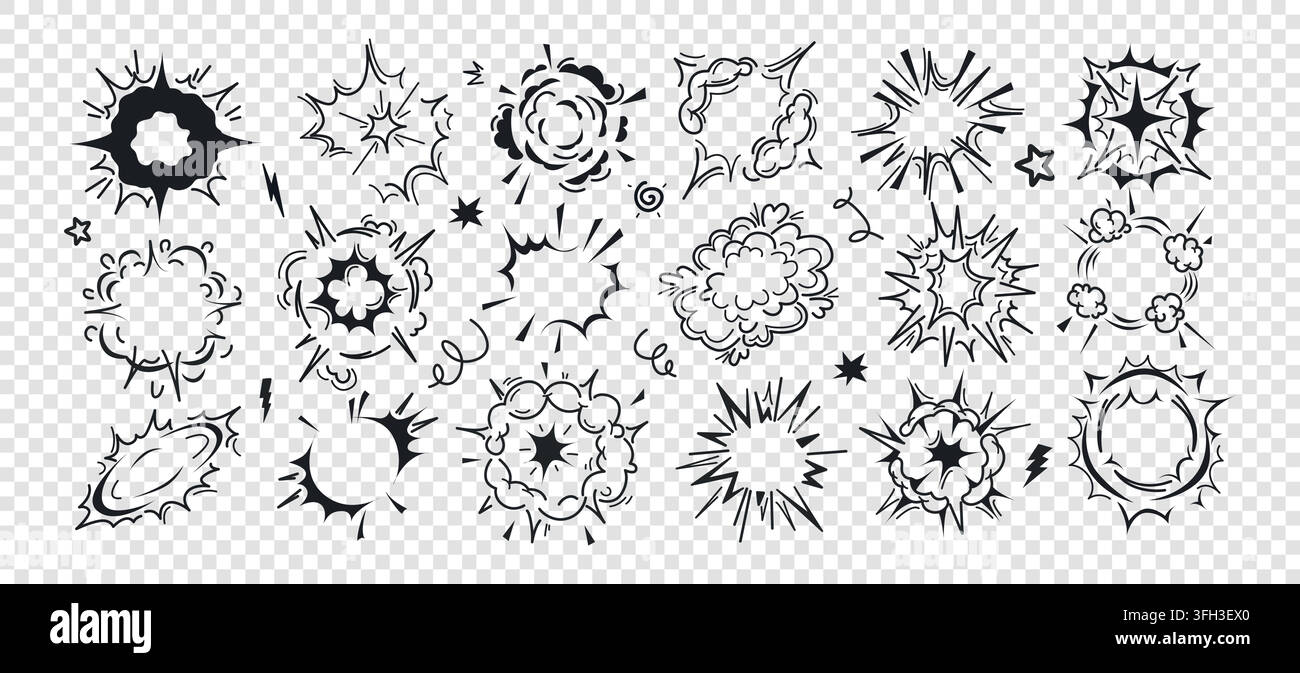 Explosion d'une bombe à puissance radiale, nuages de boom, cadres ou bulles. Éclats effet de souffle de dynamite, éléments de fumée atomique ronds avec feu flash. Ensemble vectoriel de feuilles de sprite éclatées. Icône noire de mouvement de bouffée Illustration de Vecteur