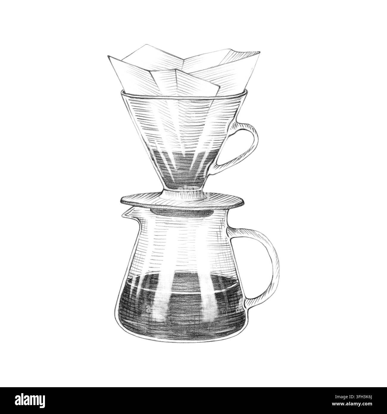 Dripper à café V60 avec serveur en verre dessiné à la main avec une illustration au crayon graphite. Graphiques noir et blanc, préparation alternative détaillée isolée Banque D'Images