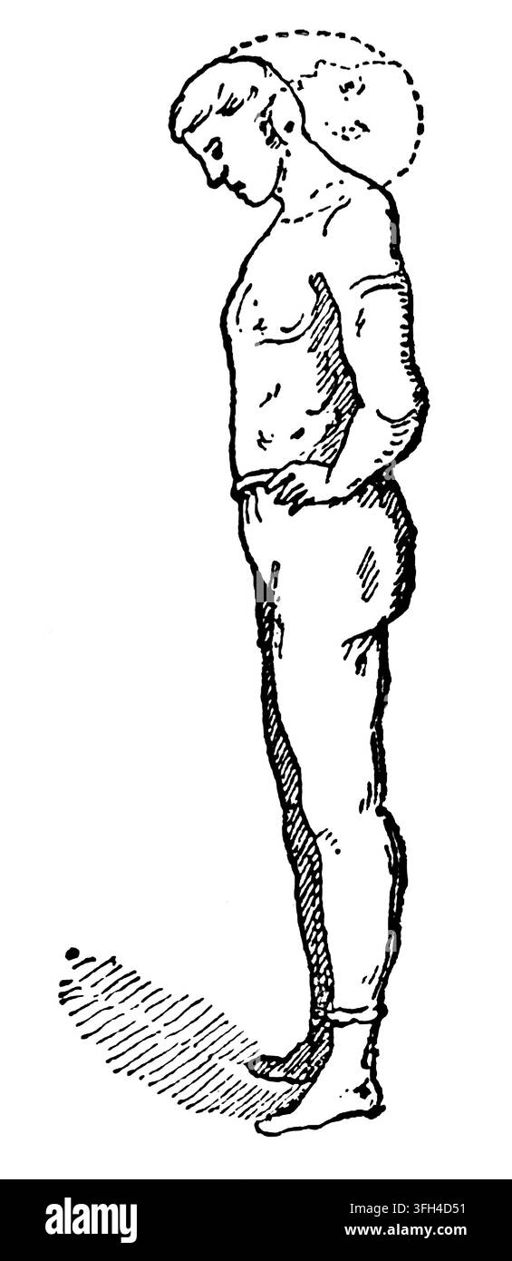 Illustration antique montrant un mouvement d'éducation physique ou un exercice de calisthenique spécifique pour les hommes (deuxième exercice). Gravure sur bois authentique d'une représentation historique Banque D'Images