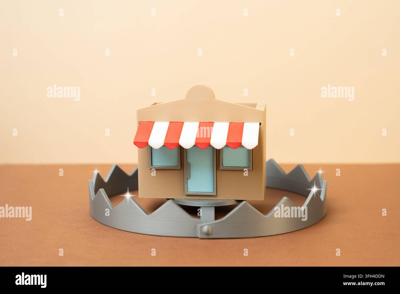 Une boutique ou une petite entreprise prise au piège. Concept de risque financier et de difficultés du marché. Difficultés économiques et lutte entrepreneuriale aujourd'hui. Sur Banque D'Images